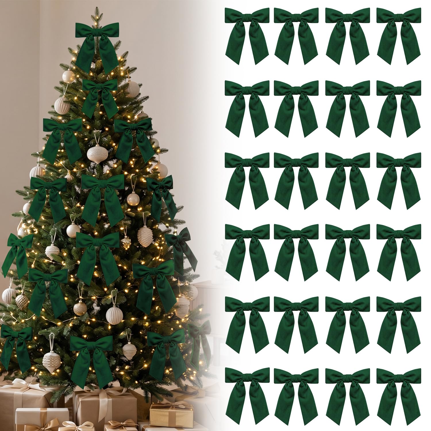 HIVTE 24 Pack 4.7 Inch Dark green Velvet Gift Bows with Twist Ties Wrapping