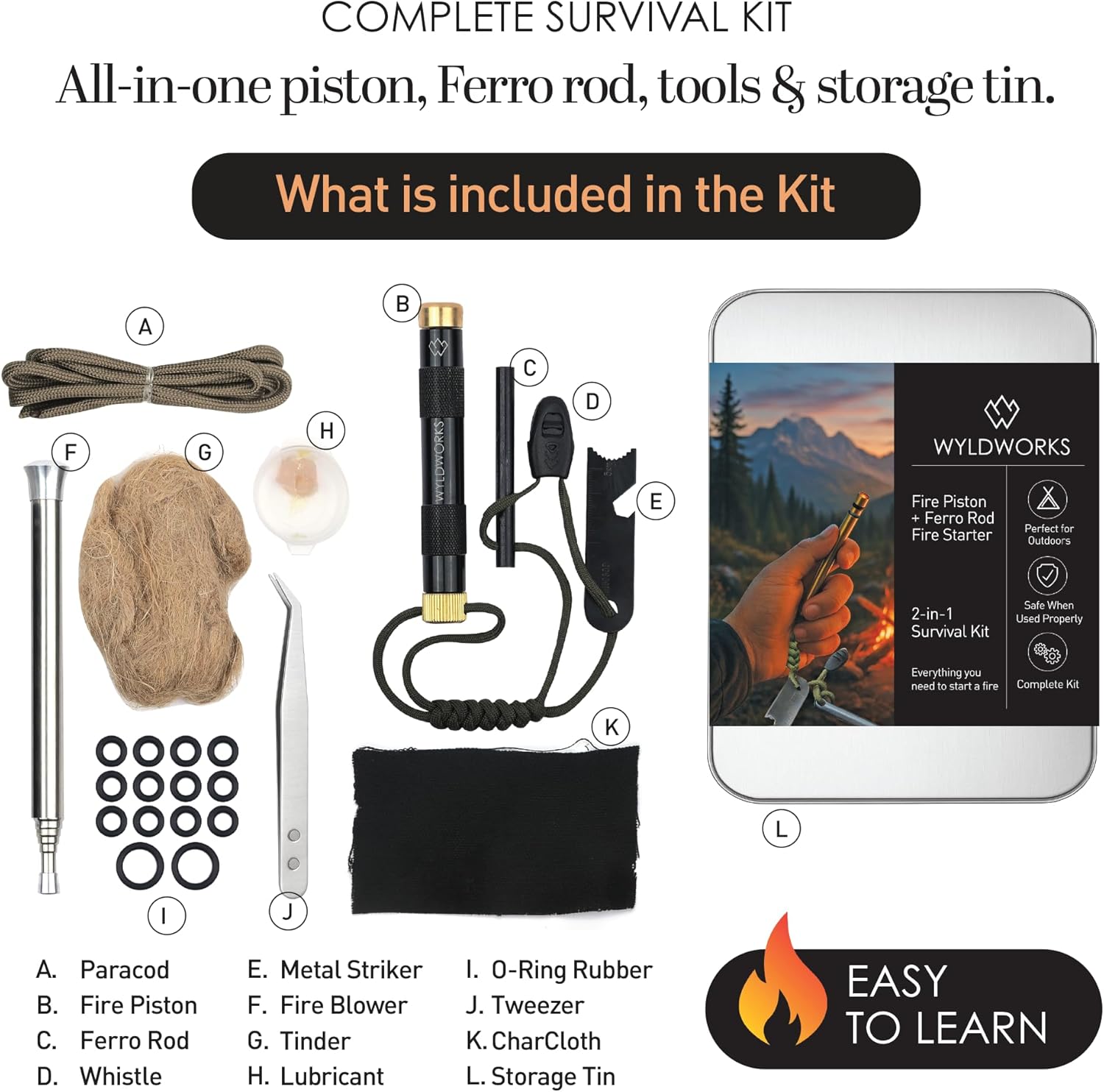 Fire Piston - Ferro Rod - 2 in 1 - Fire Piston Fire Starter Kit - Fire Starters for Campfires - Compression fire Starter Piston - Survival Tool - Camping Gifts for Men