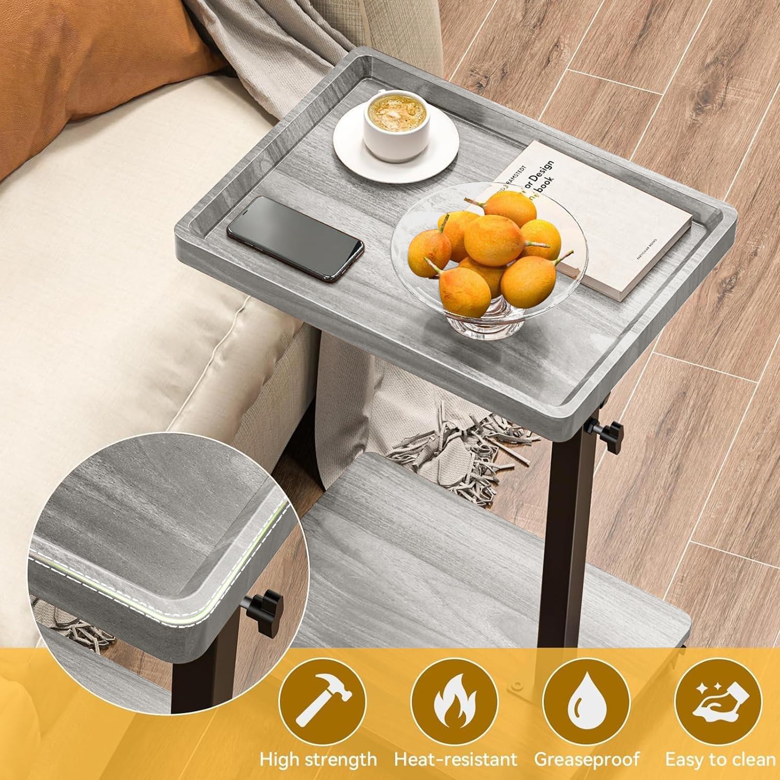 Simcat Mesa auxiliar en forma de C, mesa auxiliar giratoria de 360 grados de altura ajustable, mesa de bandeja para reposabrazos de sofá, mesa auxiliar para cama o silla con ranura para teléfono y