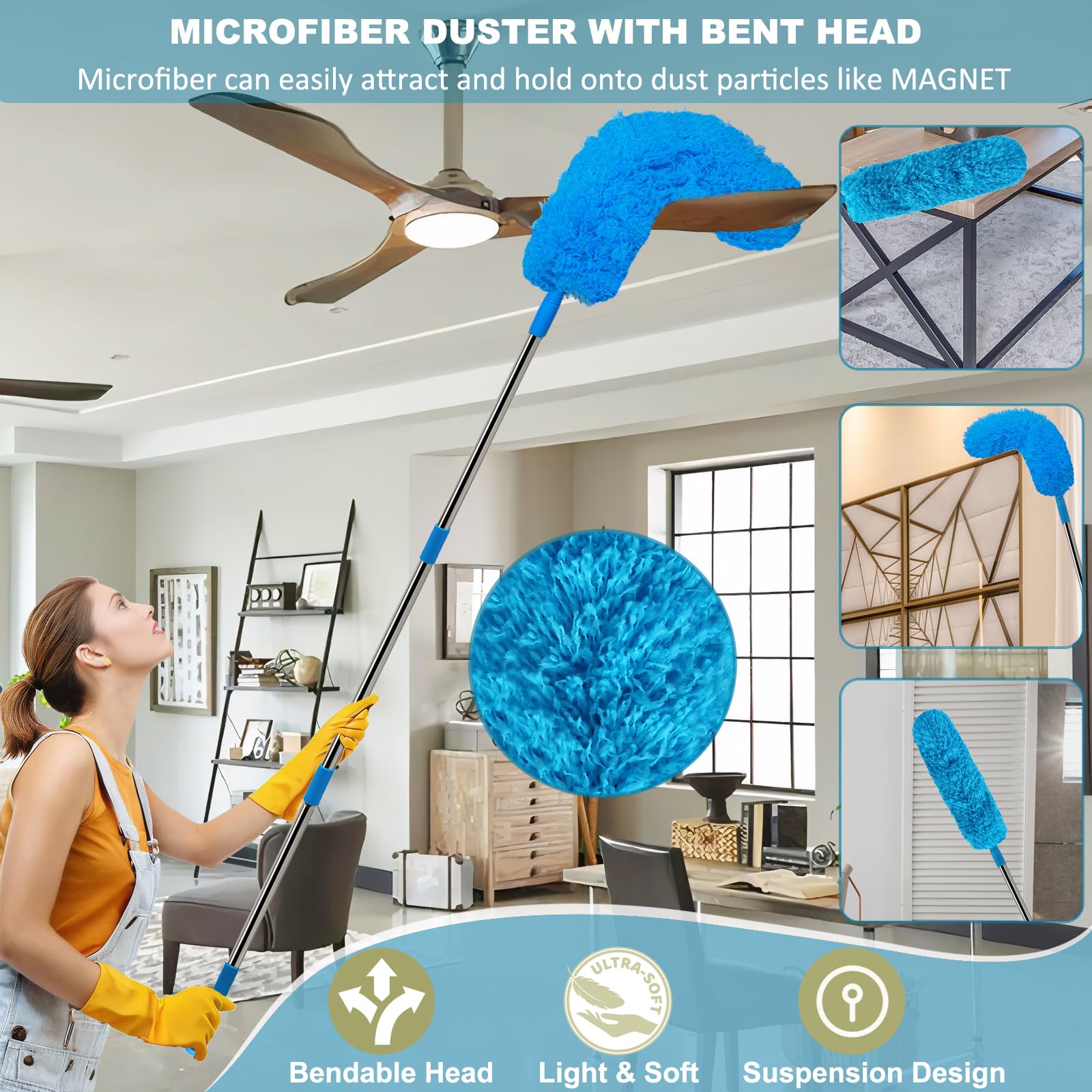 Kit de plumero de más de 20 pies de alto alcance con poste de extensión de 3 a 13 pies, plumero de limpieza de telaraña y cepillo de esquina para limpieza, limpiador de plumas de microfibra con