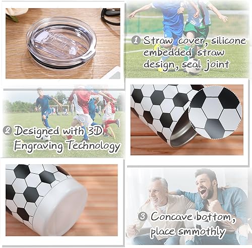 Miniatura 2 de 4 vasos de fútbol para los amantes de los deportes, vaso de fútbol de acero inoxidable de 20 onzas, taza de café, vaso aislado al vacío con tapas