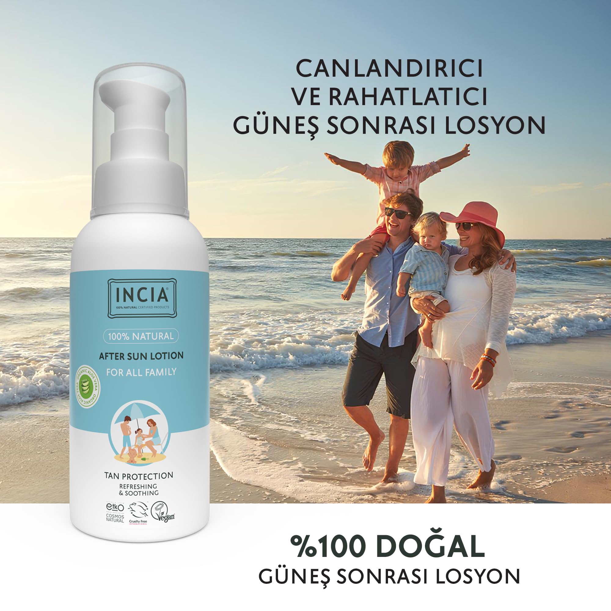 INCIA 100% Natural After Sun Losyon Güneş Sonrası Organik Aloe Vera Nemlendirici Rahatlatıcı 100 ml