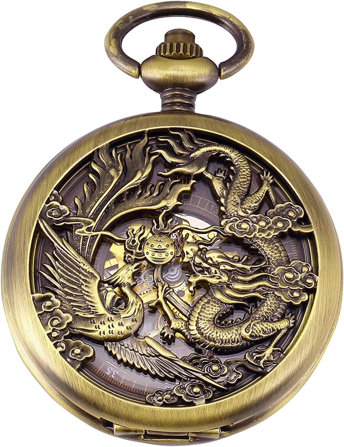 Carrie Hughes Lucky Dragon Phoenix Pocket Watches with Chain and Box CH223