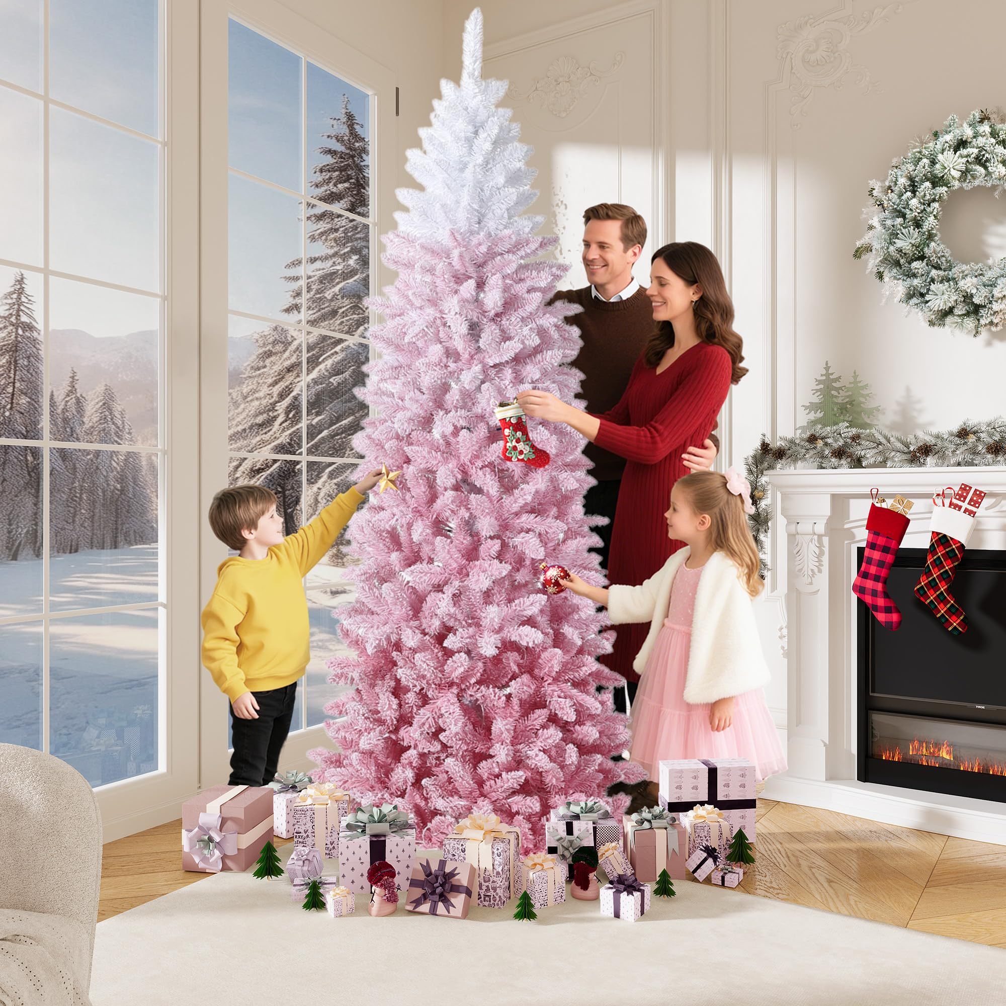 180cm Künstlicher Weihnachtsbaum mit 230 LED-Leuchte,610+ Tannennadel， Rosa Gradienten Tannenbaum Groß,Christmas tree für Weihnachten Dekoration, Wohnzimmer, Eingang, Weihnachtsbäume Faltbarem Ständer