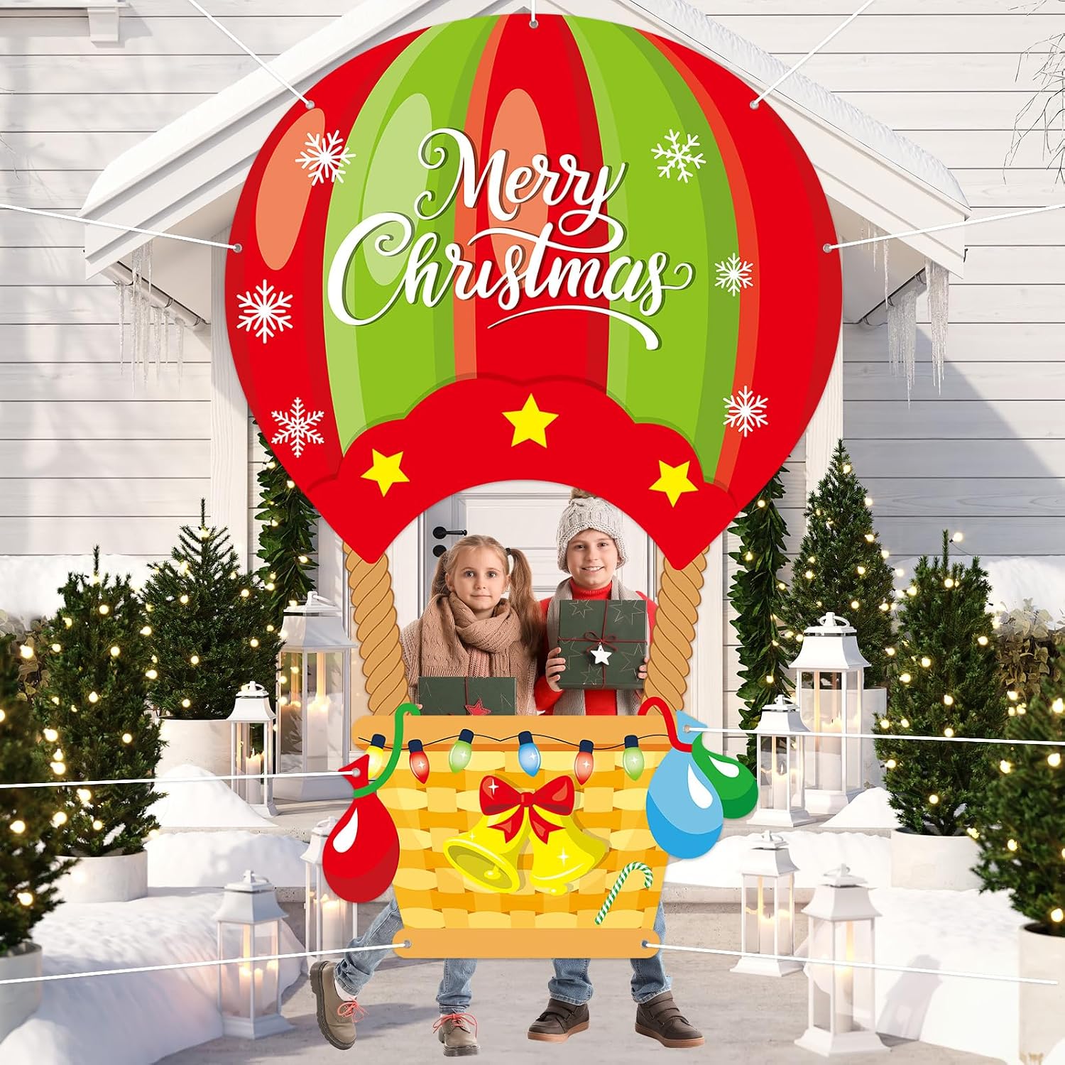 Christmas Photo Prop Decoration Hot Air Balloon Photo Prop Frame Large Merry Christmas Hot Air Balloon Backdrop Banner Xmas Party Frame for Winter Holiday Birthday Party Decoration 78x51in (Red Green)