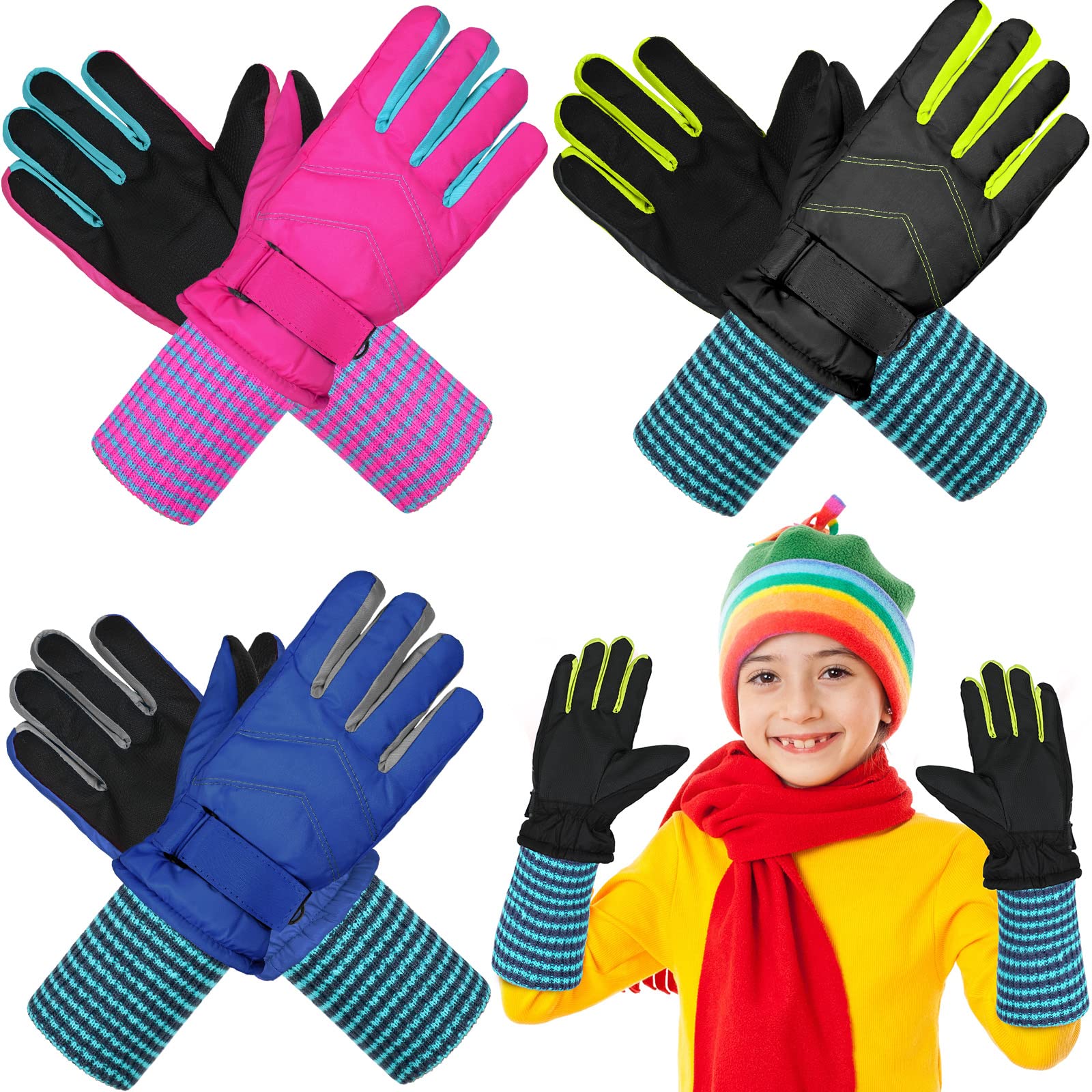 Newcotte 3 pares de guantes de invierno impermeables para niños, guantes de esquí de nieve para niños, guantes cálidos para niños y niñas al aire libre