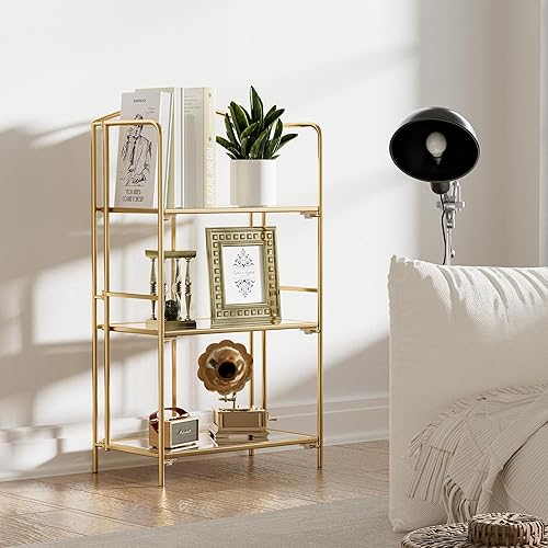 Miniatura 8 de Crofy Estantería plegable sin montaje, estantería dorada de 2 niveles, estante de metal para almacenamiento, estantería plegable para organización y