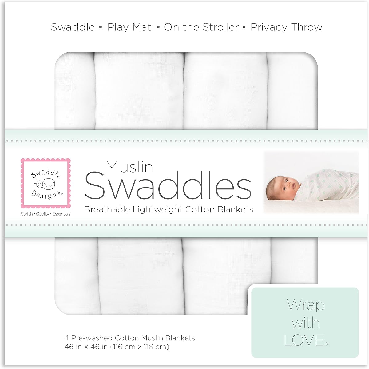 SwaddleDesigns Cotton Muslin Swaddle Blankets, Set of 4, Receiving Blankets for Baby Boys & Girls, Best Shower Gift, 46x46 inches, Pure White