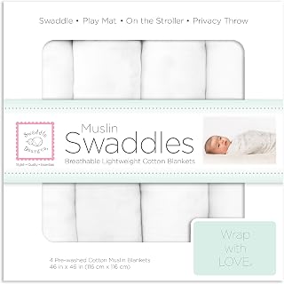 SwaddleDesigns Cotton Muslin Swaddle Blankets Set of 4 - 46x46 Breathable Receiving Blankets for Newborns, Boys & Girls, Pure White