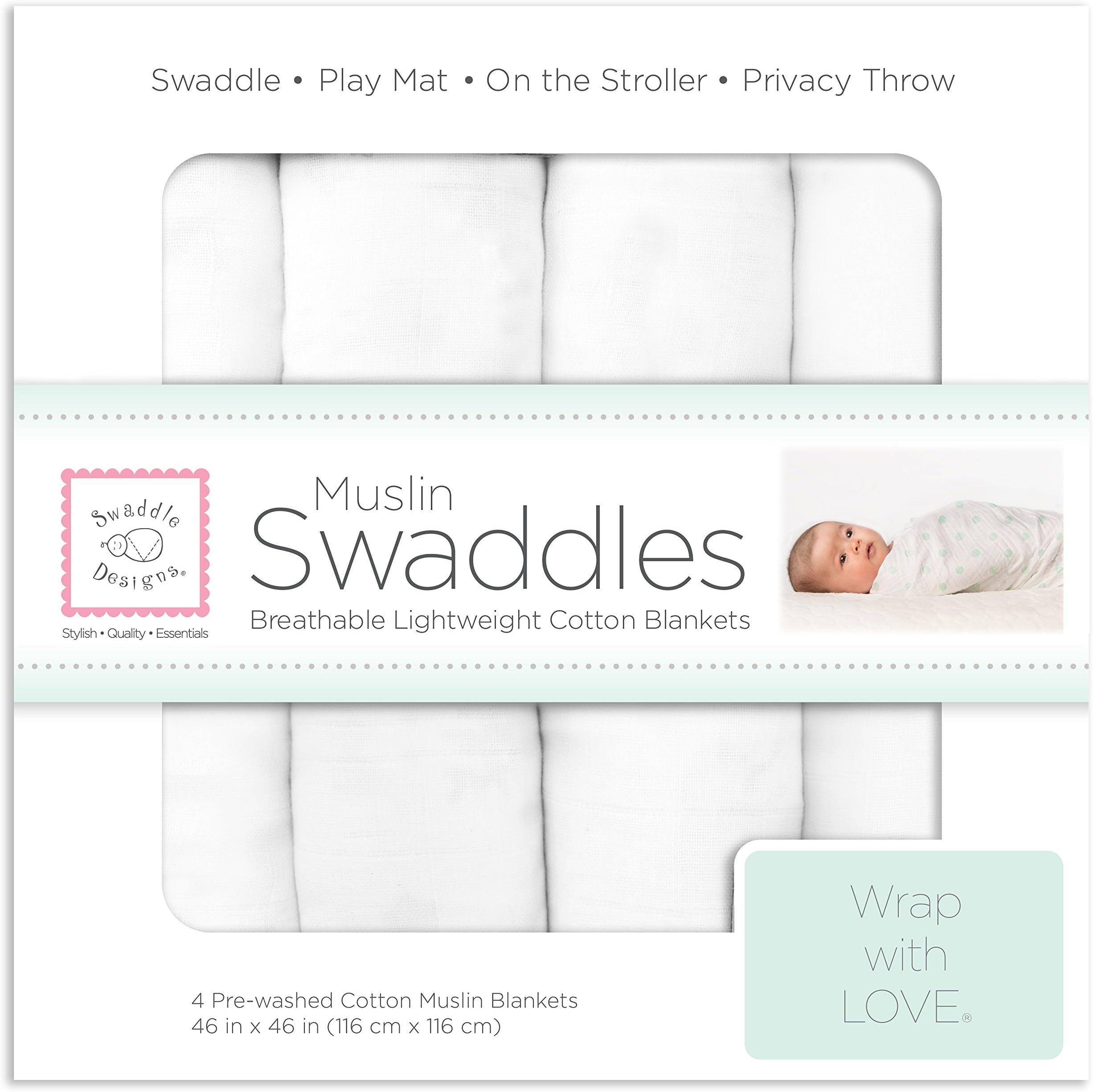 SwaddleDesigns Cotton Muslin Swaddle Blankets, Set of 4, Receiving Blankets for Baby Boys & Girls, Best Shower Gift, 46x46 inches, Pure White