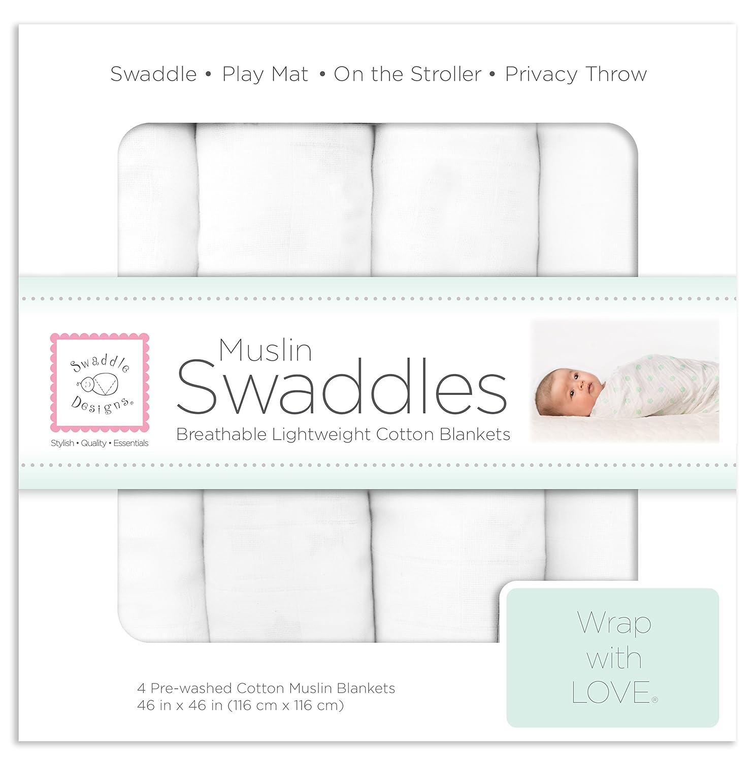 SwaddleDesigns Cotton Muslin Swaddle Blankets Set of 4 - 46x46 Breathable Receiving Blankets for Newborns, Boys & Girls, Pure White