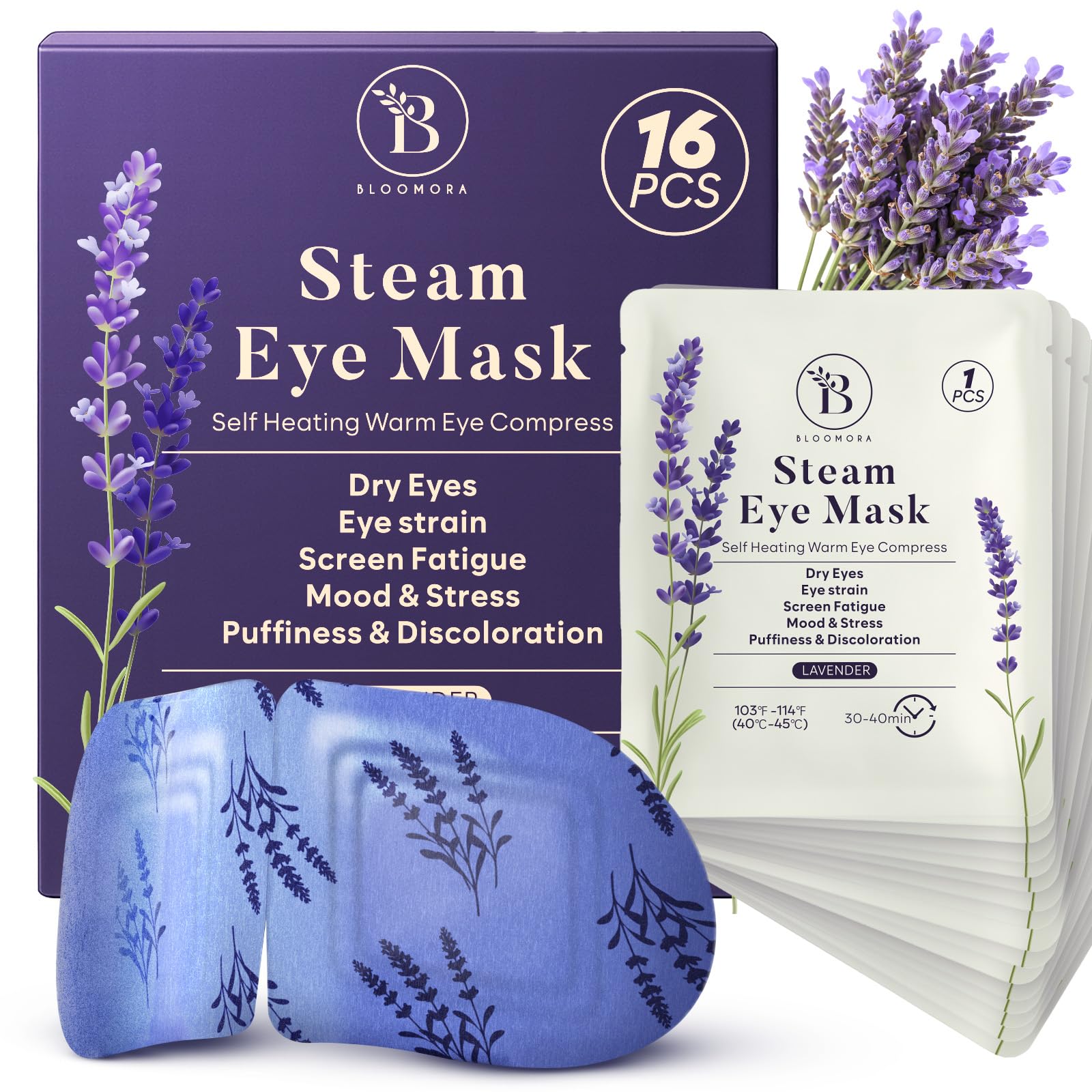 Confezione da 16 Maschere Riscaldanti alla Lavanda – Maschera a Vapore per Occhi Secchi, Gonfiore, Affaticamento e Rilassamento – Maschera Riscaldante Occhi Monouso per Sonno e Viaggio