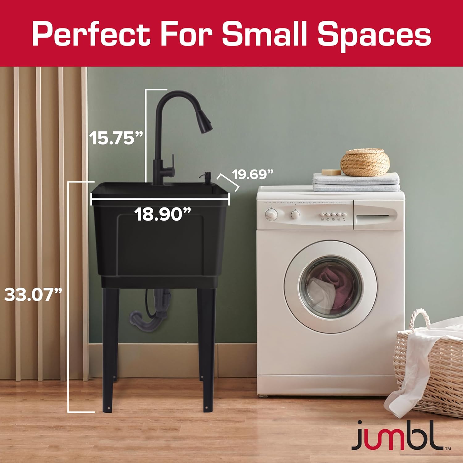 Jumbl Freestanding Utility Sink with Pull-Down Faucet | Laundry Room Tub with Gooseneck Sprayer, Single Handle Flow Control, Soap Dispenser, Drain Plug & Heavy-Duty Iron Legs with Levelers | Black
