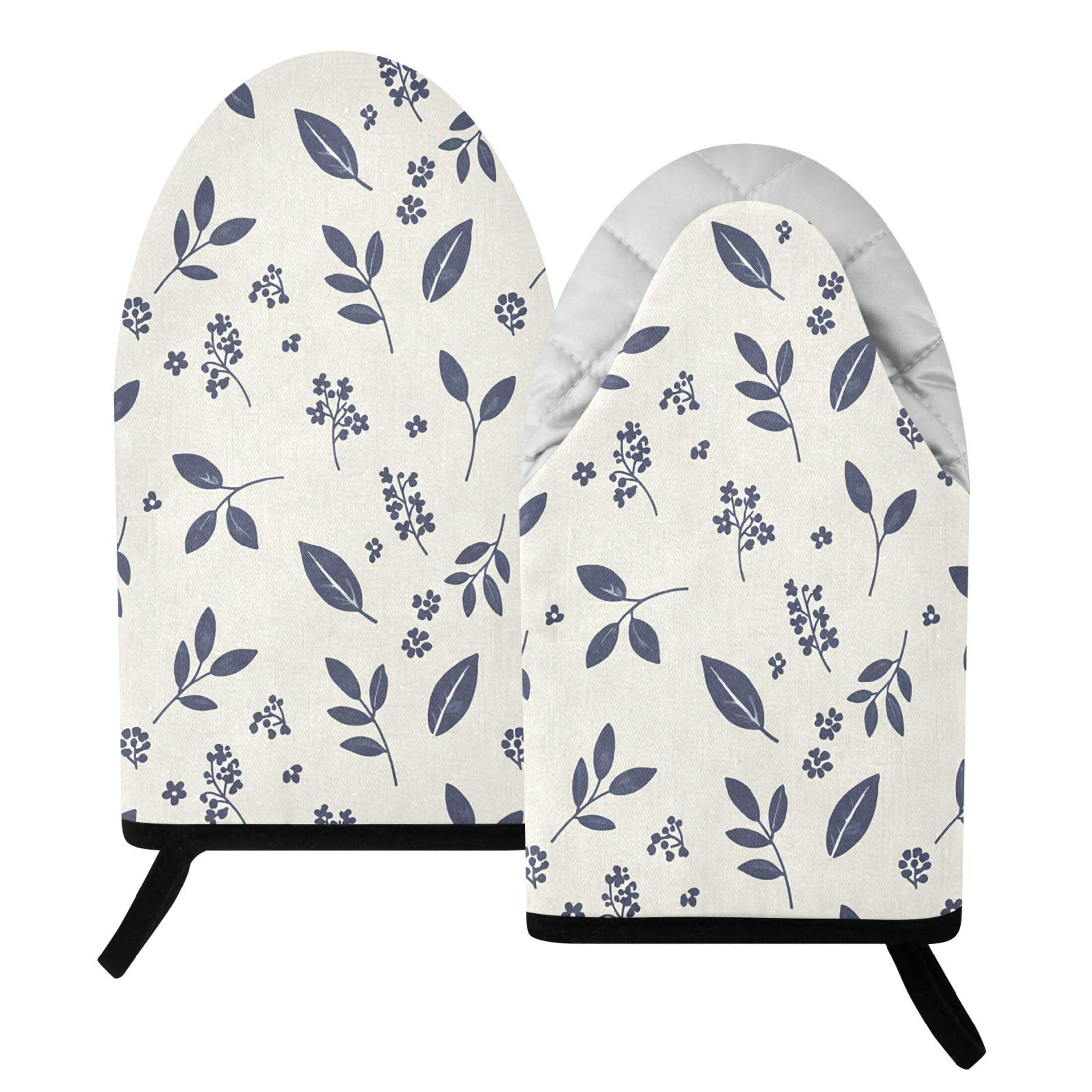 Kutsu Simple Flower Twig Oven Mitts for Kitchen, Heat Resistant Cotton Oven Gloves for BBQ Baking Cooking, Breathable Kitchen Essentials, 2 pcs