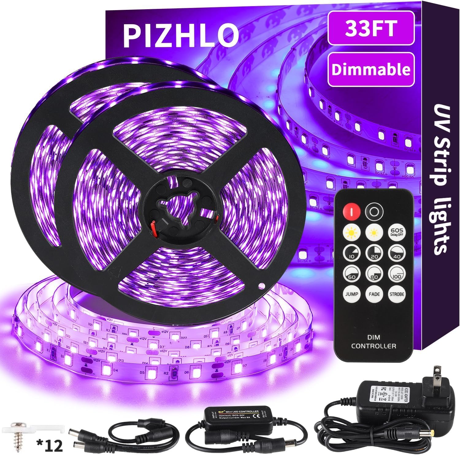 PIZHLO Upgraded 33ft/10M LED Black Light Strip Set with