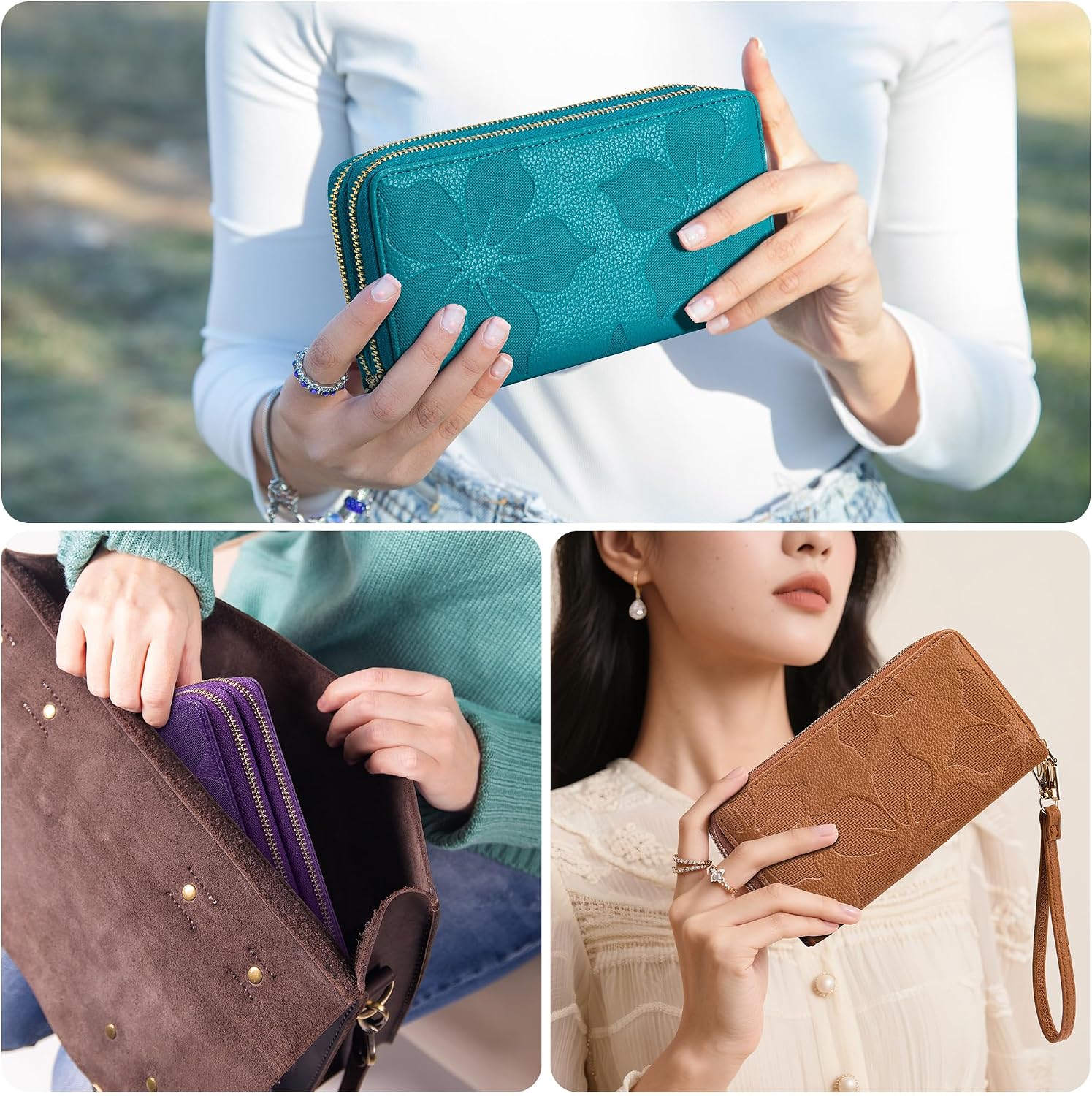 Espera Women Wallet RFID Blocking Large Capacity Card Holder Purse Double Zip Leather Designer Ladies Clutch with Wristlet image 2