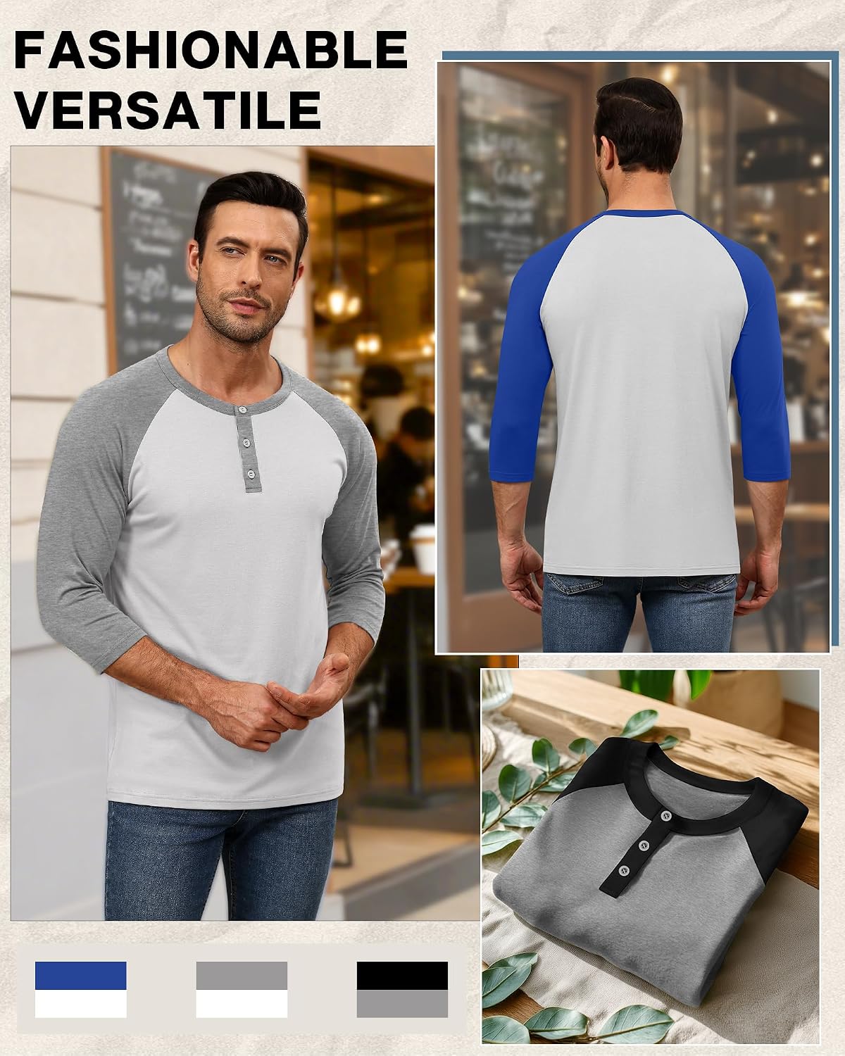 August Alley 3 Pack Men's 3/4 Sleeve Baseball Raglan T-Shirts S-3XL, Henley Tops Sport Athletic Jersey Tee Buttons Shirts