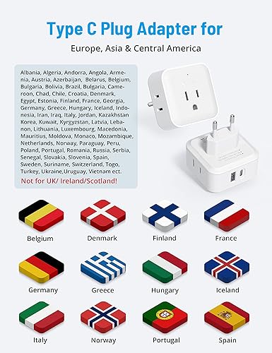 Miniatura 3 de TROND Adaptador de enchufe de viaje europeo, paquete de 2  Enchufe de alimentación internacional con 4 tomas, 2 puertos USB (1 USB C), convertidor