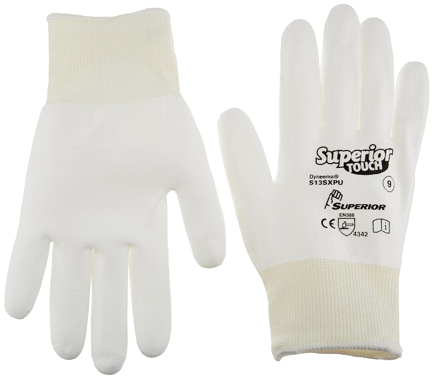 Superior S13SXPU Superior Touch Dyneema String Knit Glove with Polyurethane Coated Palm, Work, Cut Resistant, 13 Gauge Thickness, Size 9, White (Pack of 1 Pair)