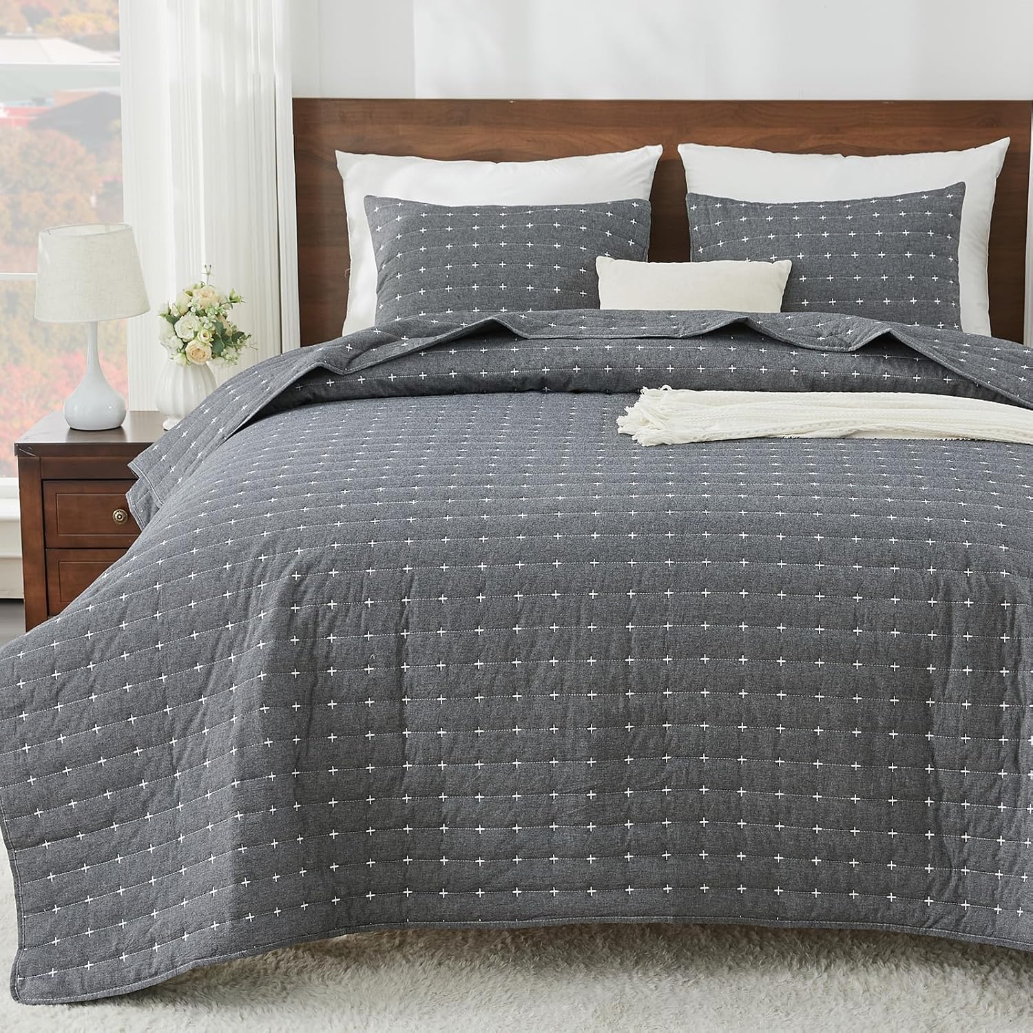 ENJOHOS 100% Cotton Linen Quilt Queen, Cotton Bedspreads Queen Size, Dark Grey Cotton Quilt Set Coverlet, Reversible Lightweight Queen Quilt Bedding Set with Shams for All Season (3 Pieces, 90"x96")