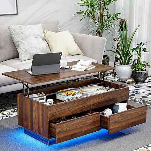 Miniatura 19 de HOMMPA Mesa de centro elevable de 40 pulgadas para sala de estar, mesas de centro blancas con almacenamiento, mesa de centro moderna LED rectangular