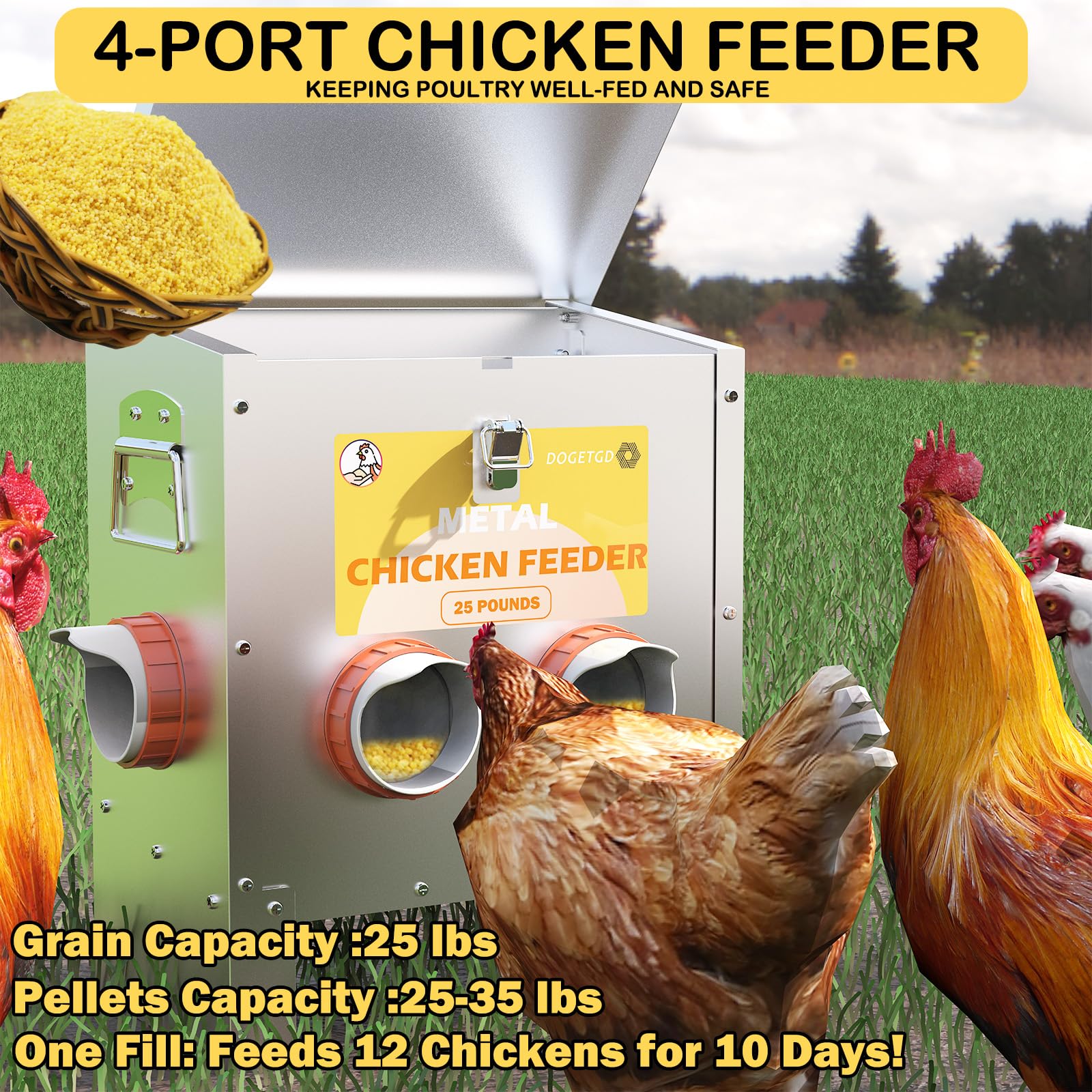 Comedero automático para pollos, sin residuos, de metal, gran capacidad, 25 libras para pollos, gansos, patos, pavos, codornices (4 puertos)