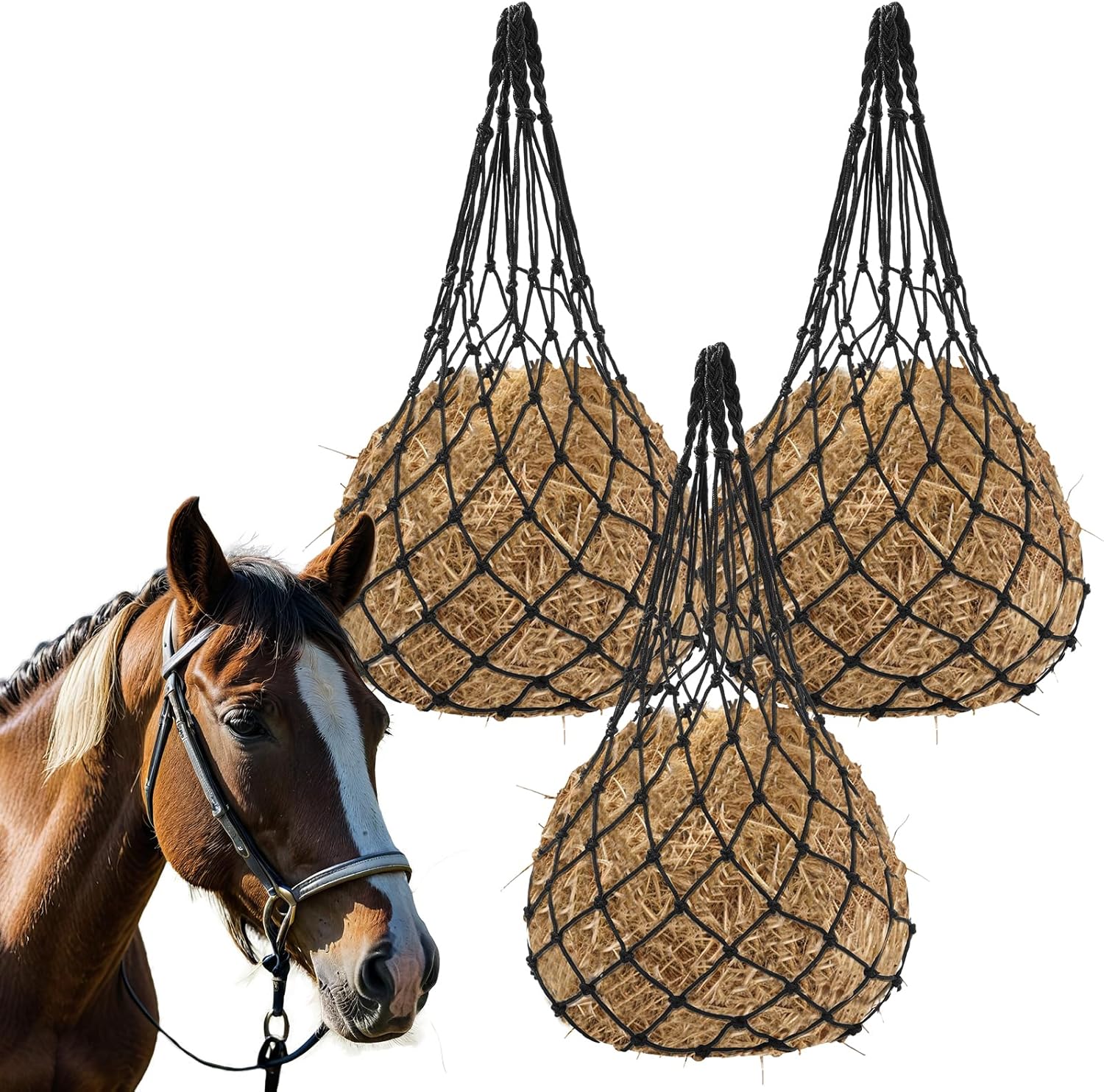 3 PCS Hay Net for Horses Goats Sheep, 40″ Length Black Slow Feed Hay Bag with Durable Nylon Rope, Hanging Feeder for Stable Stall Paddock