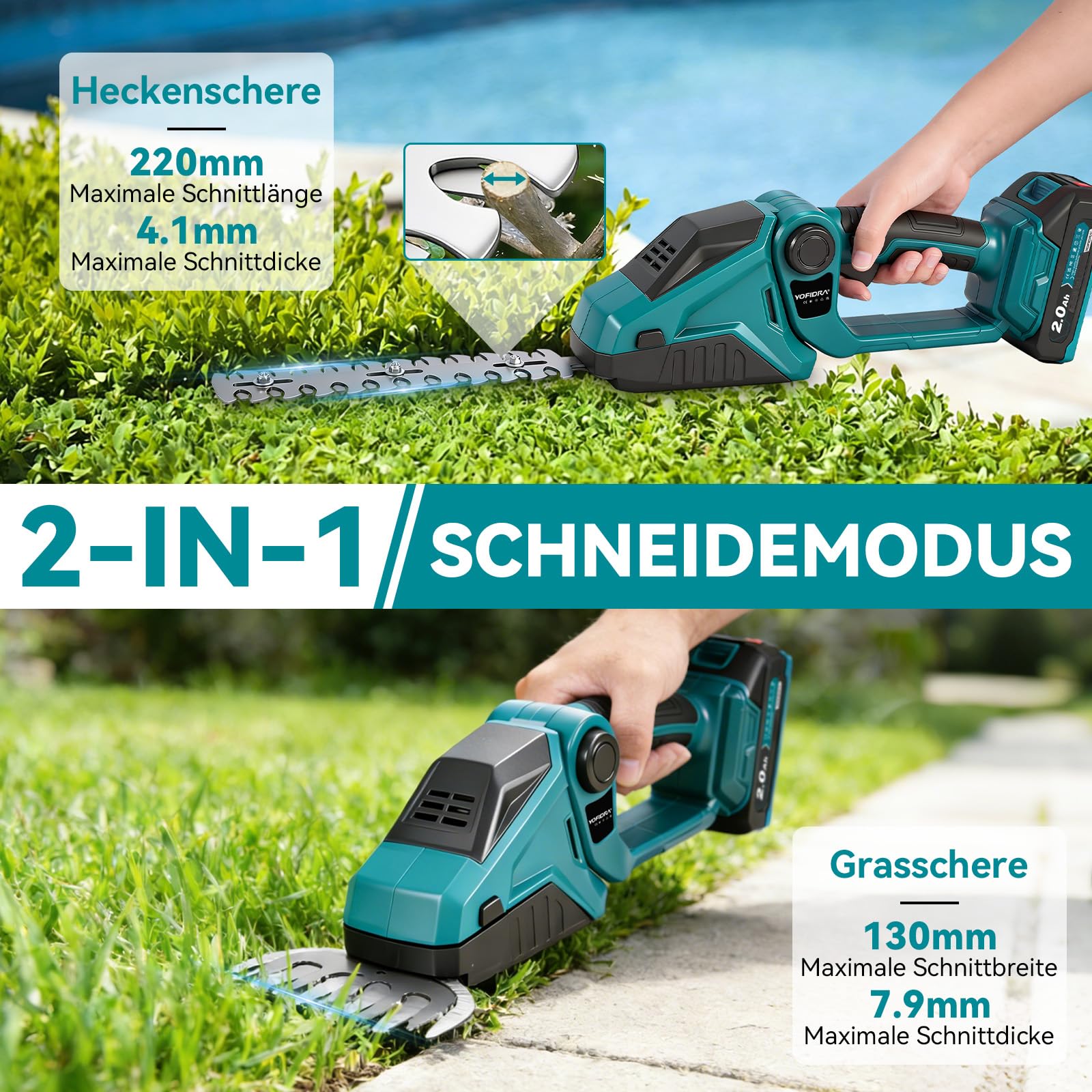 Yofidra Akku Heckenschere & Grasschere, 2-in-1 Gras und strauchschere mit 2x2.0Ah Akku, Bürstenloser Motor, Heckenschere Elektrische 90° Verstellbarer Kopf für Garten und Hecken