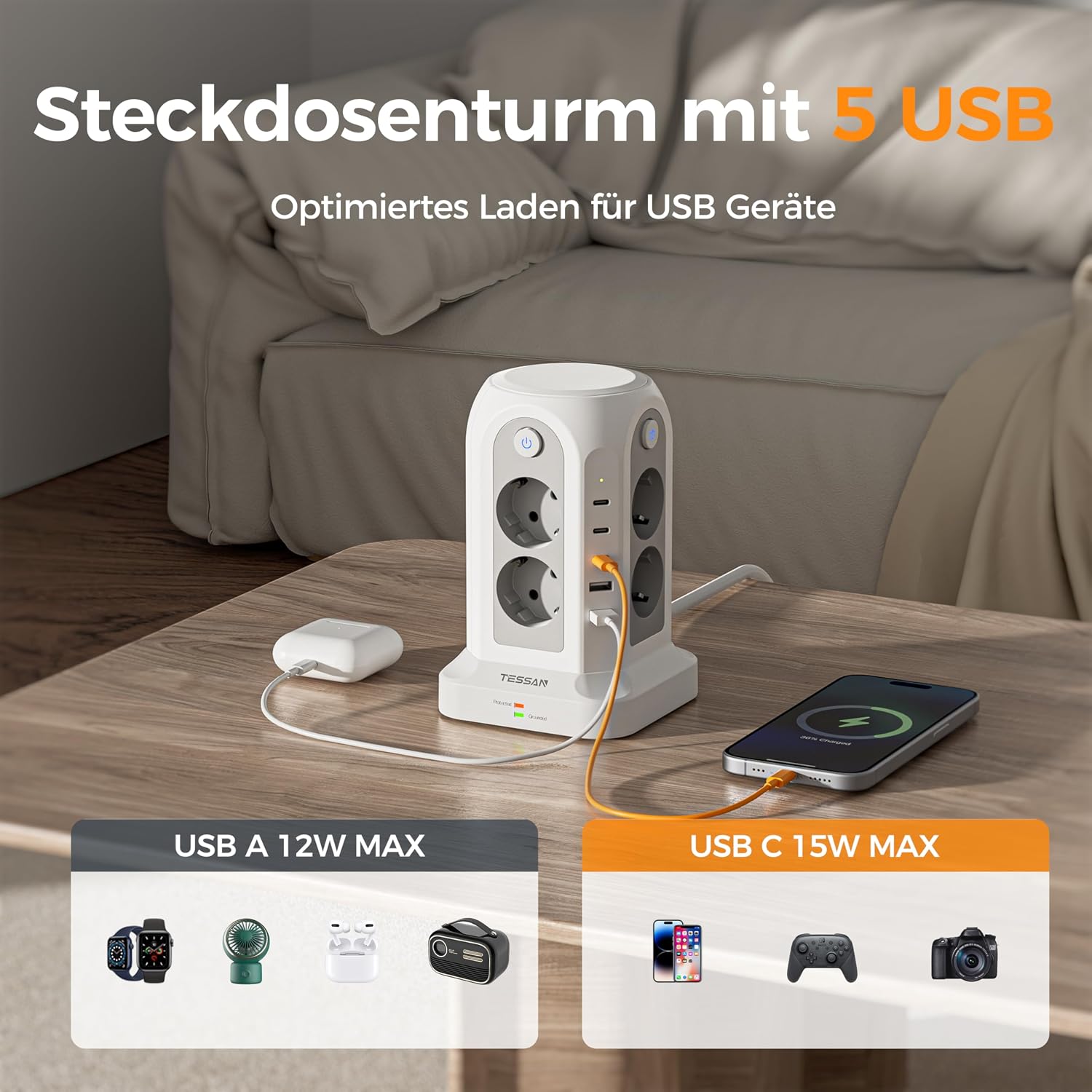 TESSAN Tower Power Strip with 5 USB ports (3 USB-C, 2 USB-A) charging various devices like a smartphone, smartwatch, and earbuds. USB-A 12W Max and USB-C 15W Max are indicated.