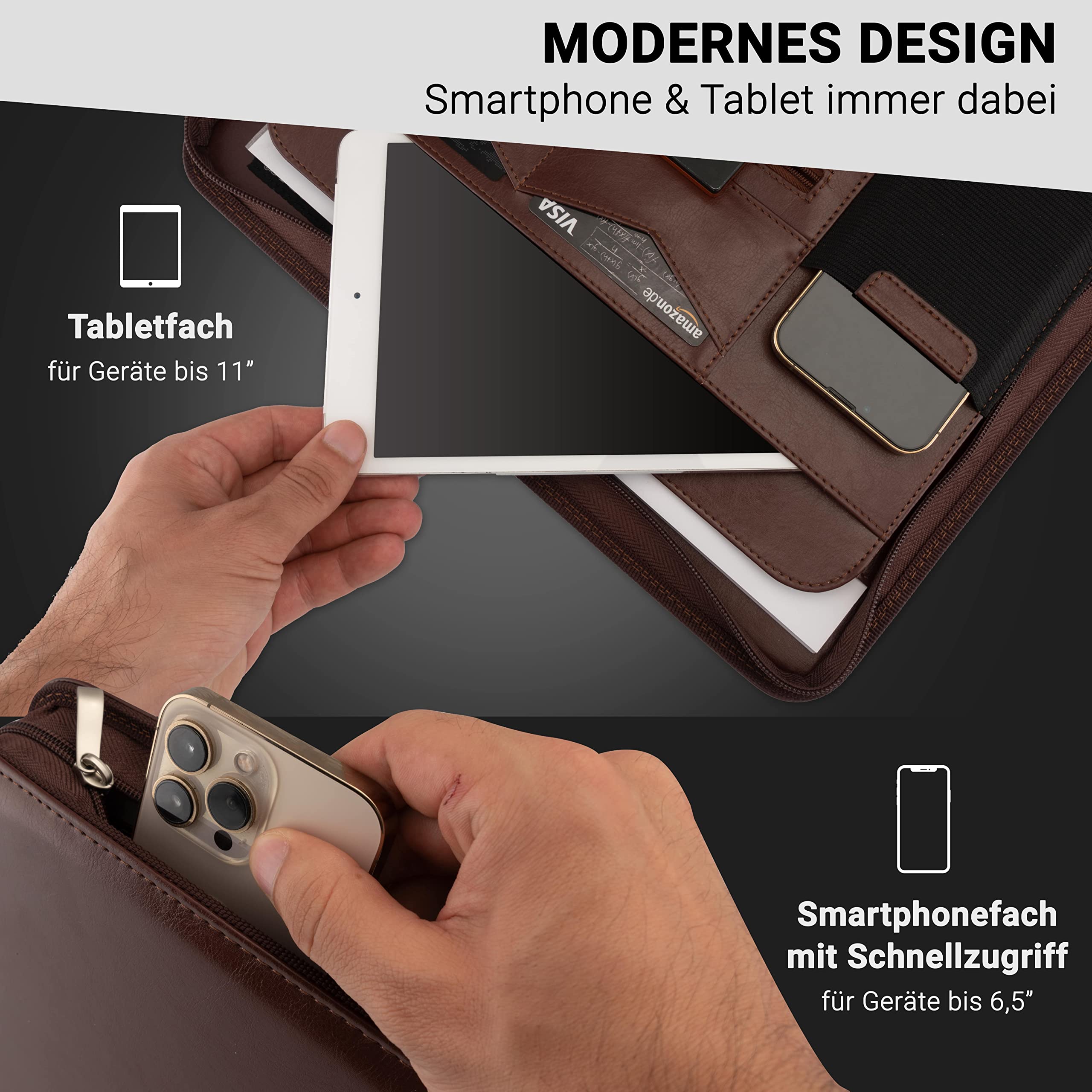 Classeur A4 Premium cuir synthétique double fermeture éclair compartiment 13 pouces tablette iPad professionnel conférence