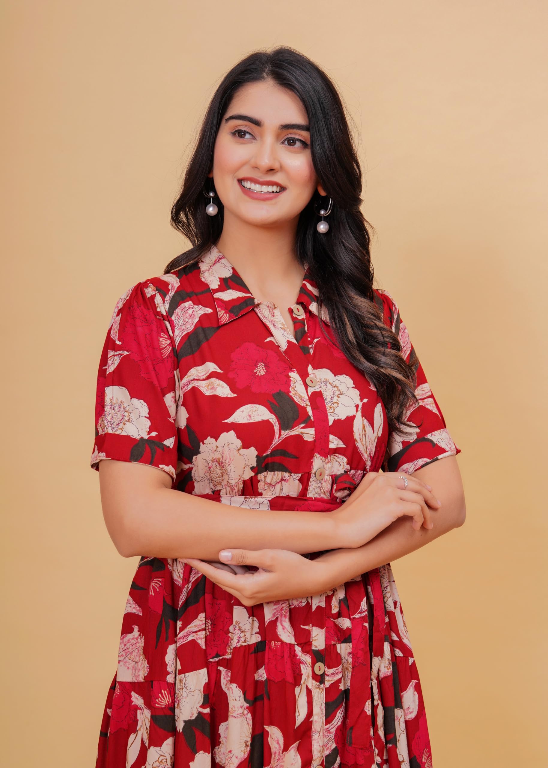 Jikonet Women's Western Dress Floral Printed Cotton Maxi Dress, (X-Small, Ajax Red)