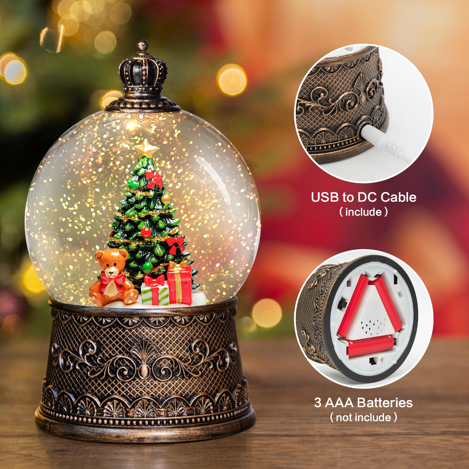 Linterna de globos de nieve de Navidad con música, globos de nieve de árbol de Navidad con efectos de purpurina de remolino de agua, alimentado por USB/batería con temporizador de 6 horas