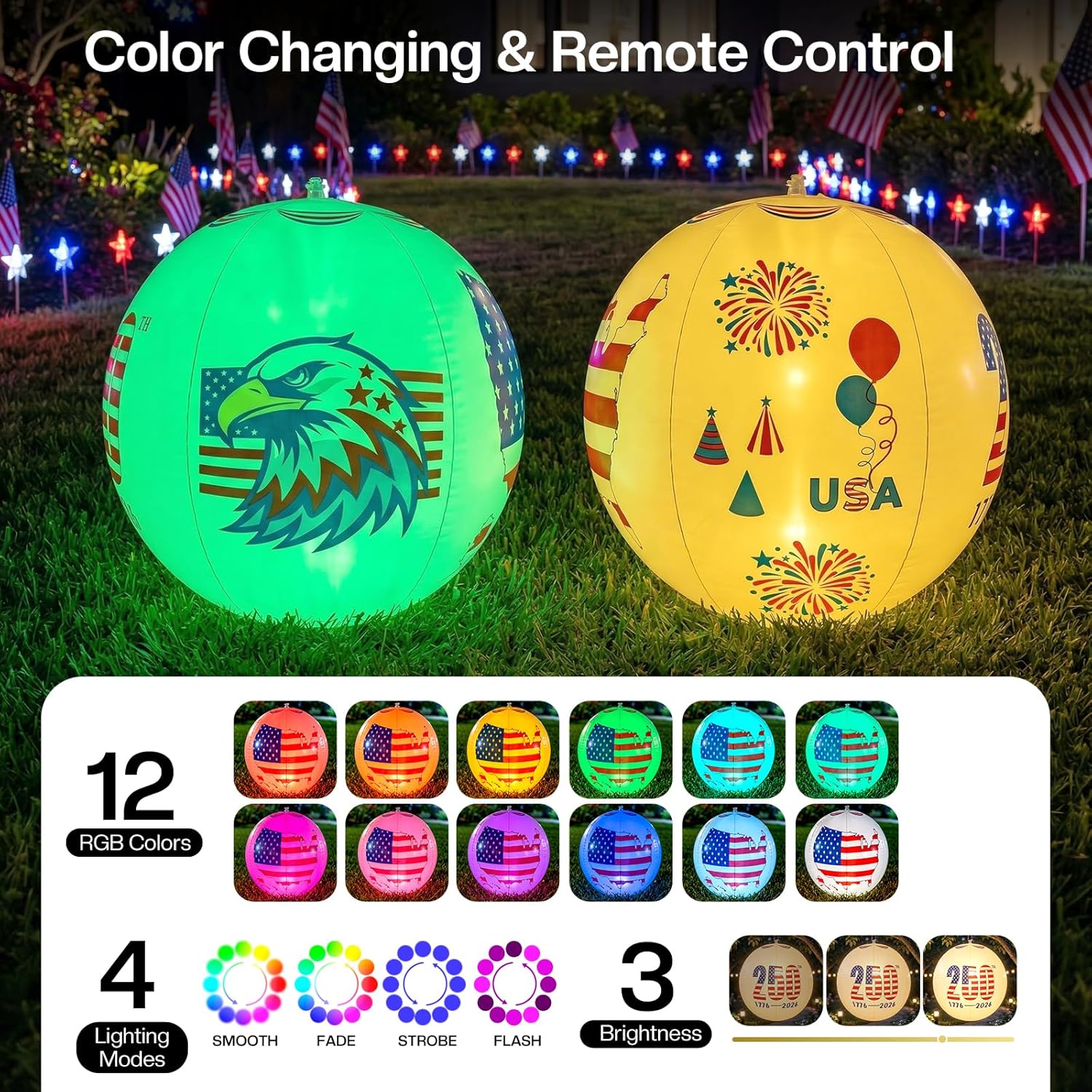 Solar Floating Pool Lights 16inch - Pack of 2 Solar Powered Color Changing Led Glow Balls, Float or Hang in Pool Pond Patio Inflatable Waterproof, Patriotic Decor for 4th of July Independence Day