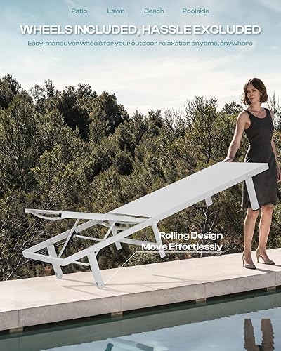Miniatura 4 de Sillas de piscina, tumbona al aire libre con ruedas y sillón reclinable de 5 posiciones, fácil de mover, silla de aluminio para patio, junto a la