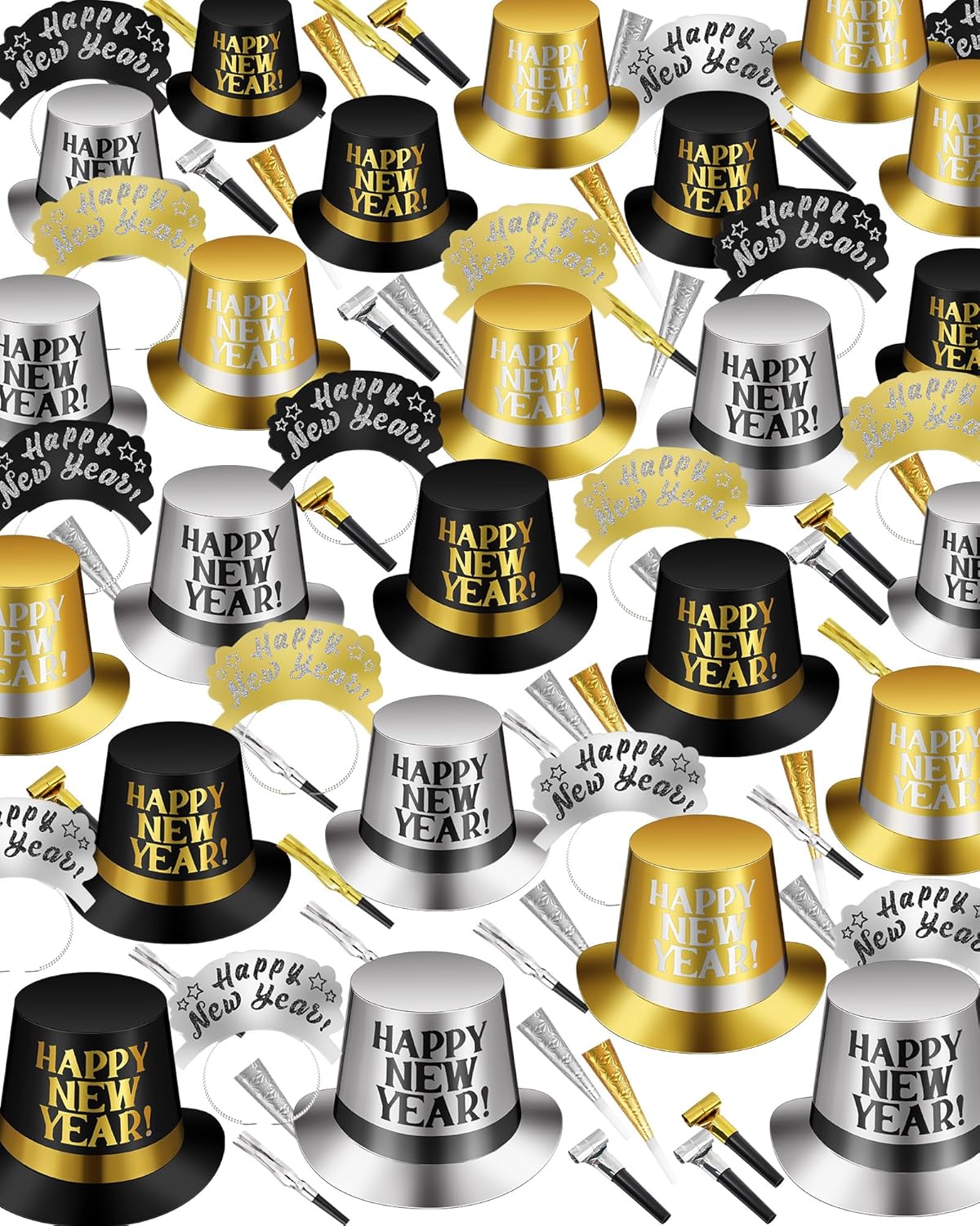 Syhood 200 Pcs New Year Eve Party Kit 2026 New Year Party Supplies for 100, Top Hat Headband Tiaras Horn Blowout