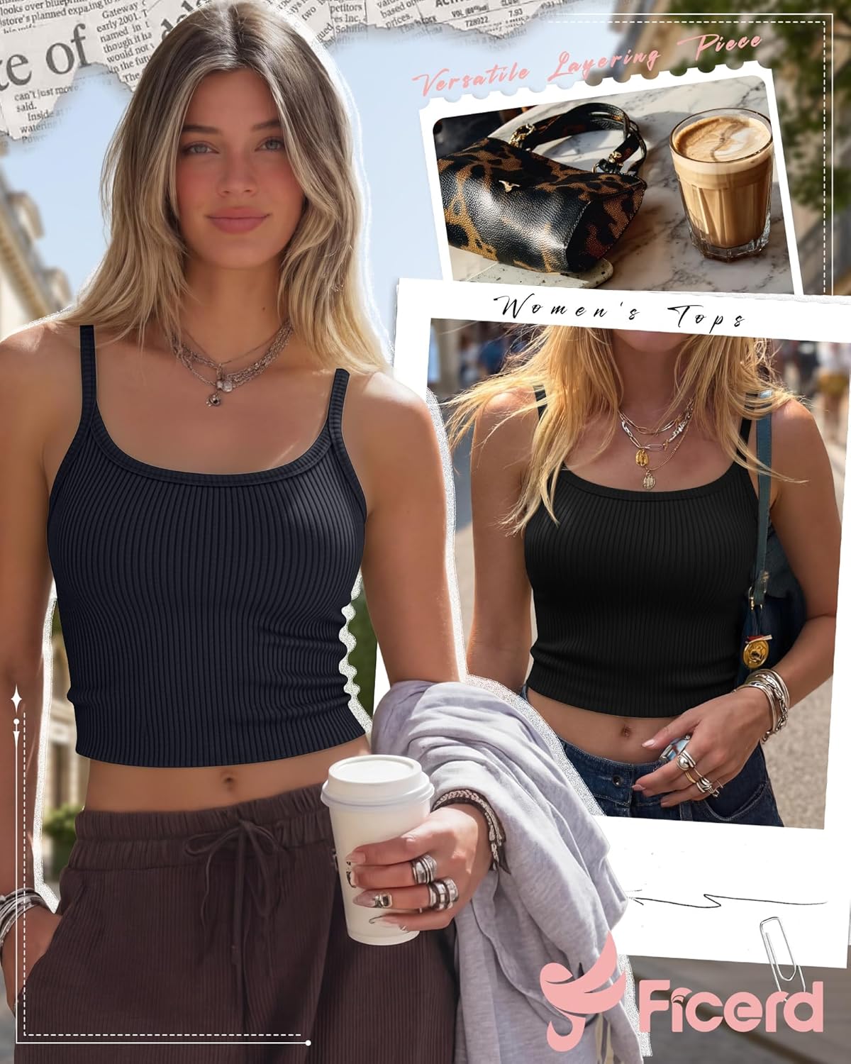 Ficerd 3 Pack Women's Spaghetti Strap Ribbed Tank Tops Scoop Neck Cotton Crop Camisole Slim Fitted Basic Sleeveless Layer