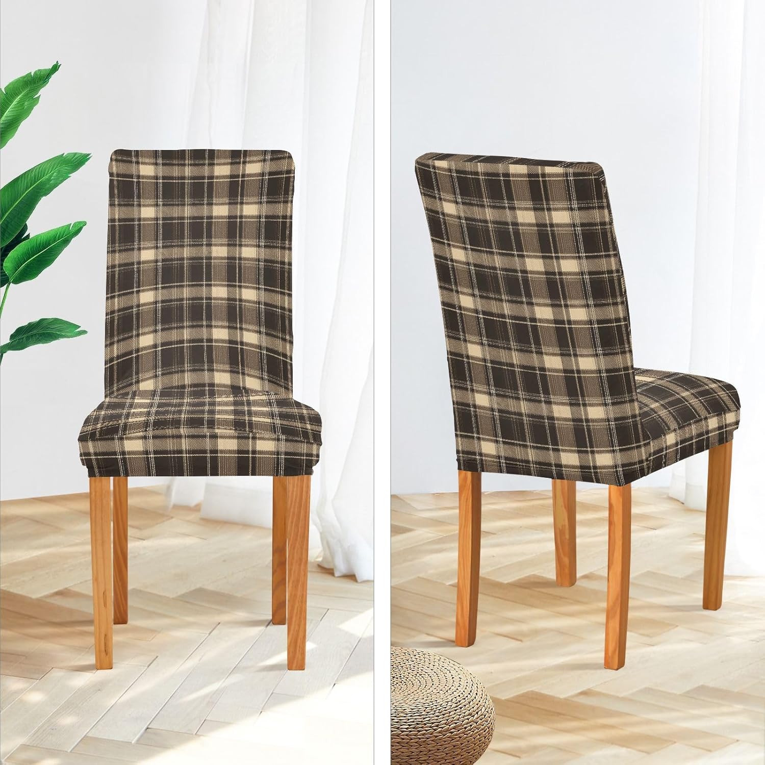 ALAZA Chair Covers for Dining Room, Brown Tartan Plaid Print Stretch Chair Cover Sets Chair Protector Removable Washable for Ktichen Restaurant Hotel