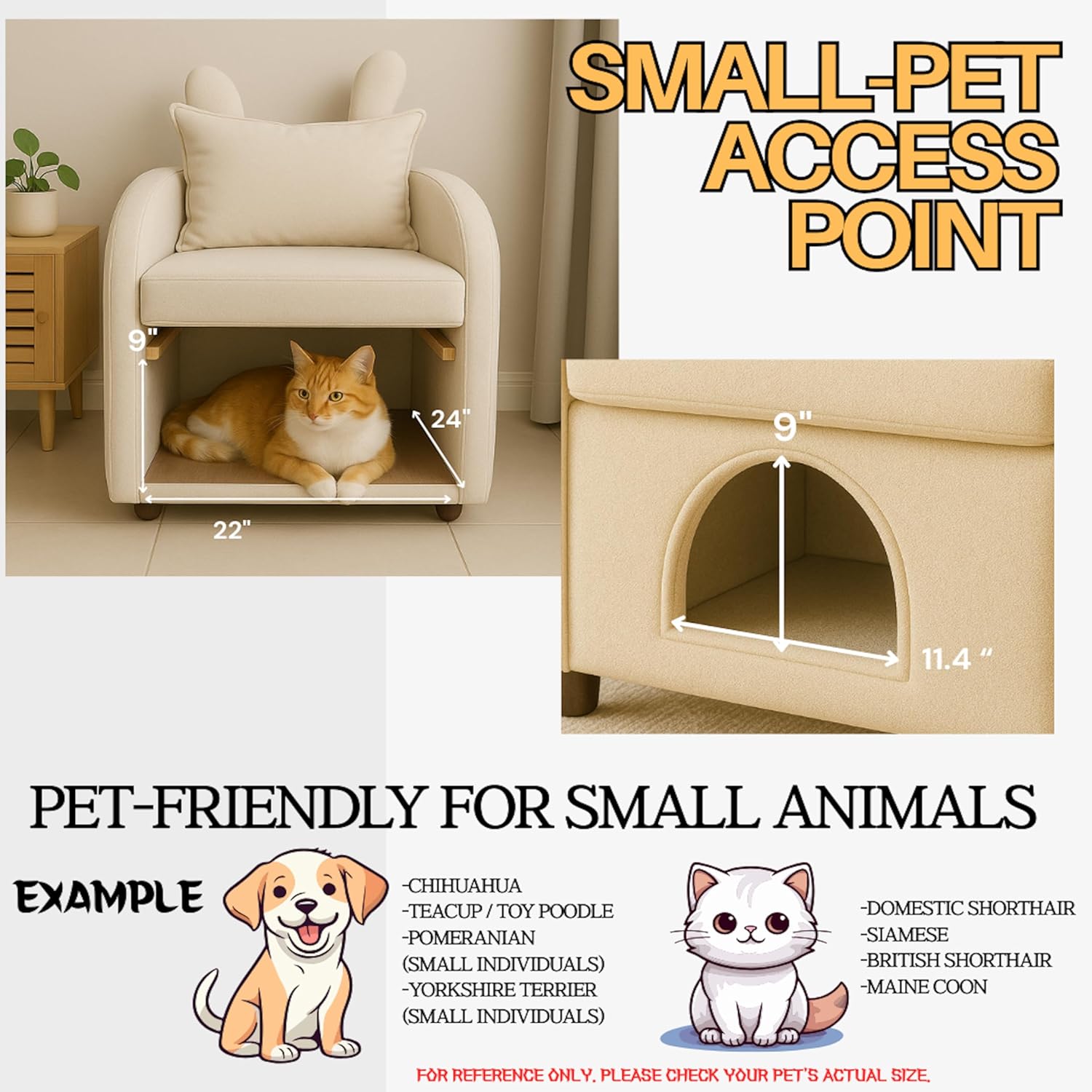 Beige Bunny Ear Pet Friendly Armchair with Built in Cat Dog Hideaway, Cozy Dual Use Accent Sofa Chair with Side Pocket for Bedroom, 27.4 25.2 37.4 Inch