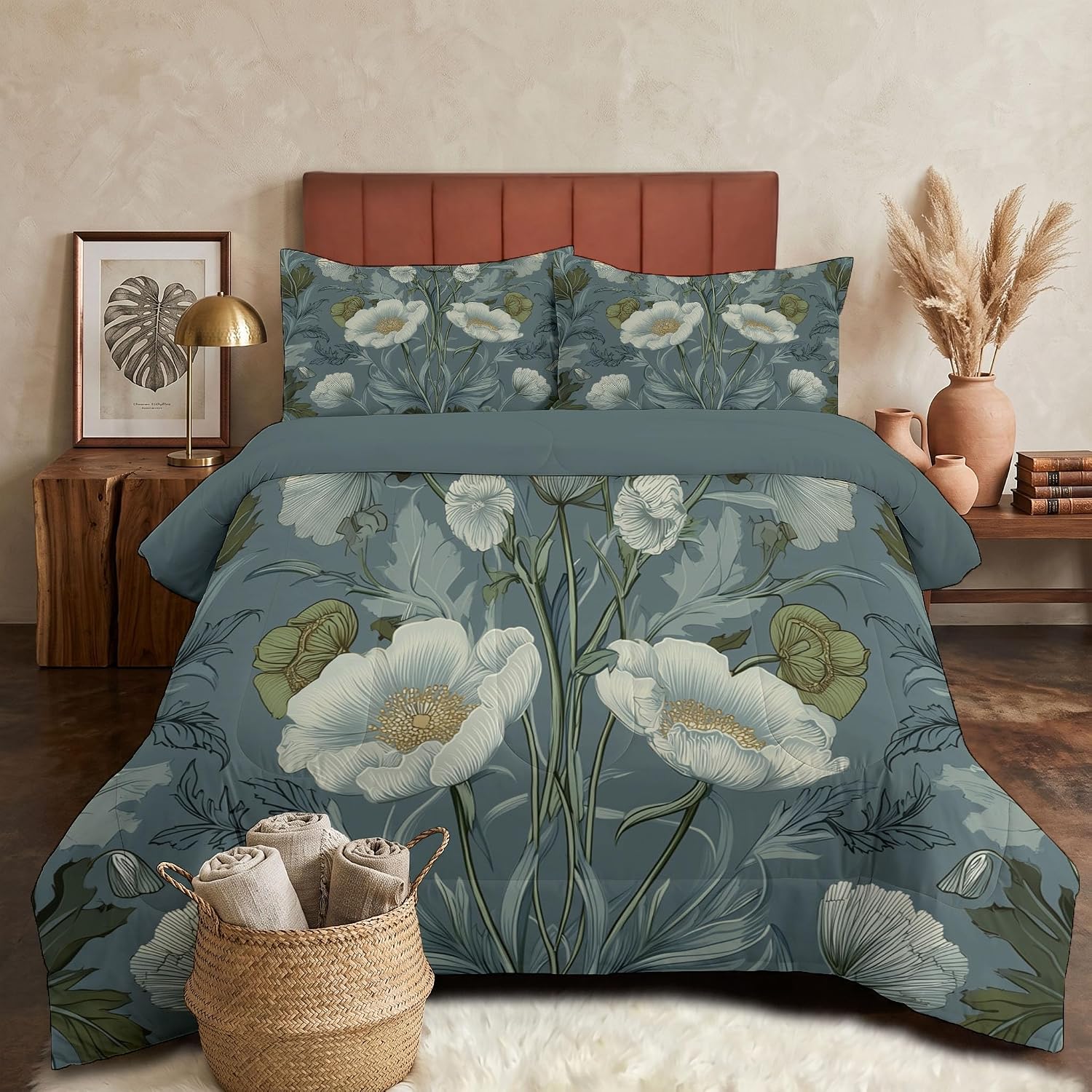 William Morris Plants Quilt Set Twin 3 Pieces, Gray-Blue Quilts Bedding Set Elegant Flowers and Leaves Bedspread Bed Cover Lightweight Spring Summer Beds Coverlet for All Season - 68"X90"
