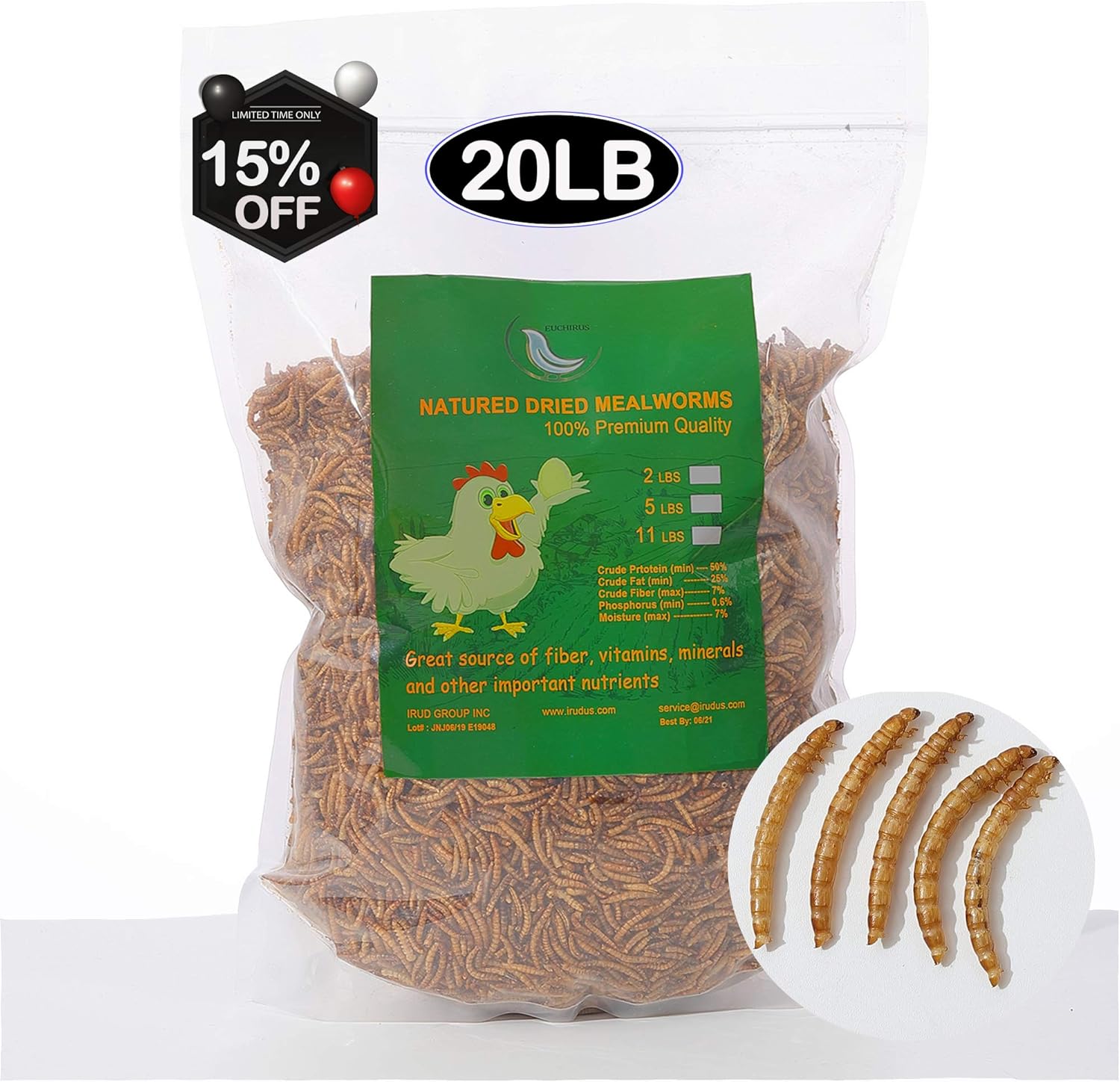 20 LBS Non-GMO Dried Mealworms for Wild Bird Chicken Fish.,High-Protein,Large Meal Worms.