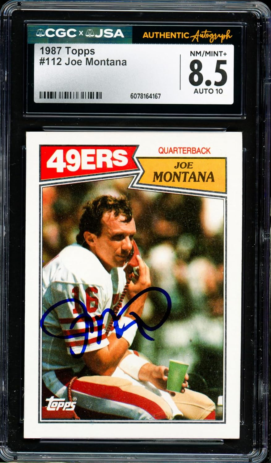 Joe Montana Autographed 1987 Topps Football Card #112 CGC x JSA 8.5 Auto Grade Gem Mint 10 CGC x JSA Stock #254402
