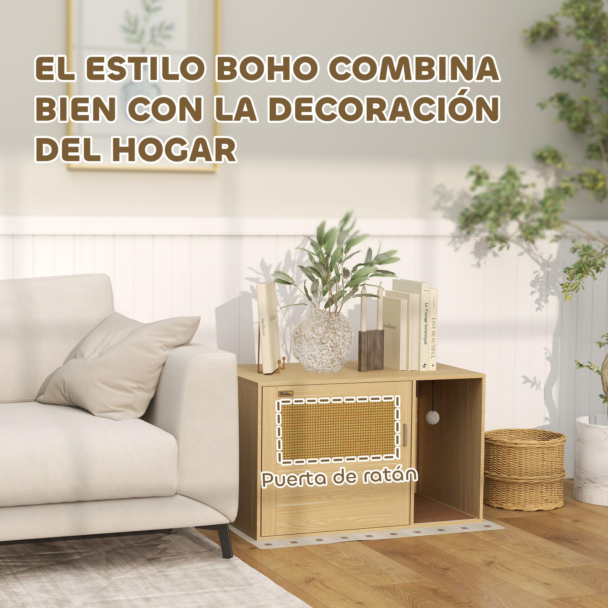 PawHut Mueble Arenero para Gatos Puerta de Ratán 80x50x50 cm Roble | Caja de Arena para Gatos, Almohadilla para Rascar, Mesa Auxiliar, Salón, Dormitorio