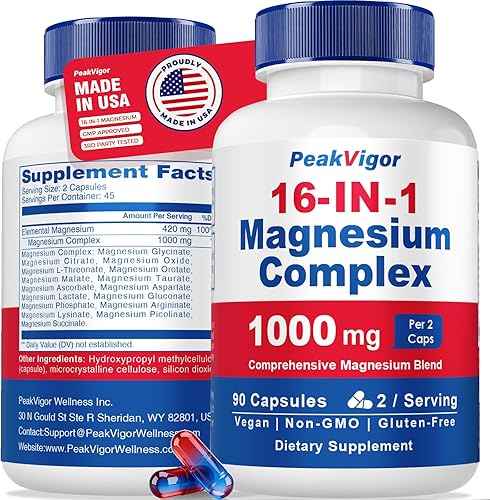 Complejo de magnesio 16 en 1, suplemento de complejo de magnesio de 1000 mg para mujeres con glicinato de magnesio, citrato, orrotato, L-treonato,