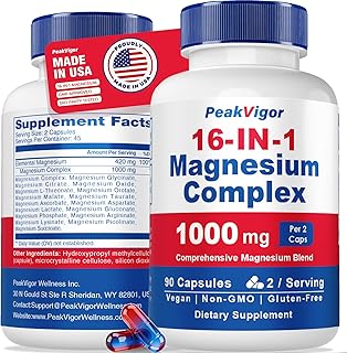 16 in 1 Magnesium Complex, 1000mg Magnesium Complex Supplement for Women with Magnesium Glycinate, Citrate, Orotate, L-Threonate, Malate, Third-Party Tested, Easy-Swallow Vegan Capsules