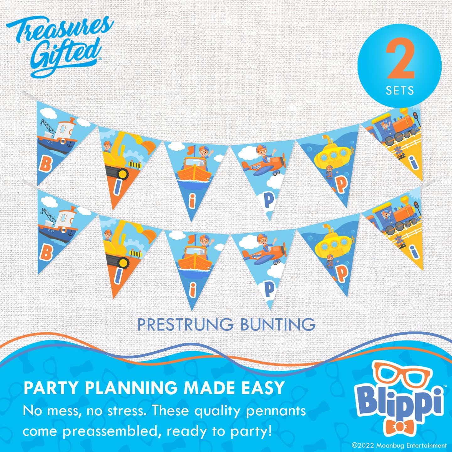 Treasures Gifted Blippi Birthday Banner & Pennants Set - Official Licenced Party Decorations - 12x120in Banner & 2 Triangle Pennants