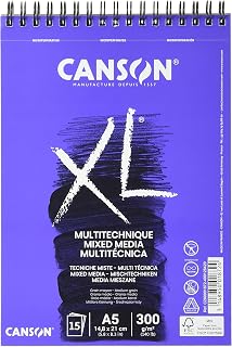CANSON XL Textured Mixed Media 300gsm A5 Paper, Medium Grain, Spiral Pad Short Side, 15 White Sheets, Ideal for Professional Artists & Illustrators