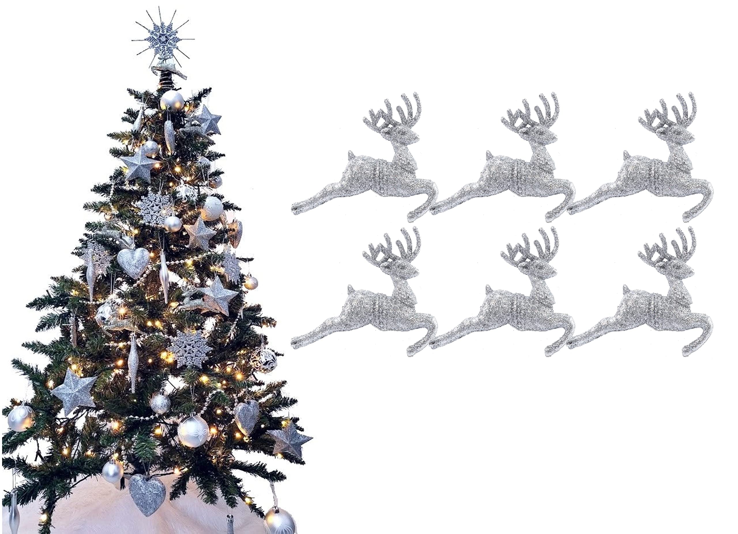 Simply Products Silver Pack Of 6 - Hanging Glitter Reindeer Christmas Tree Decorations - 2.2Cm X 9.5Cm (Silver)