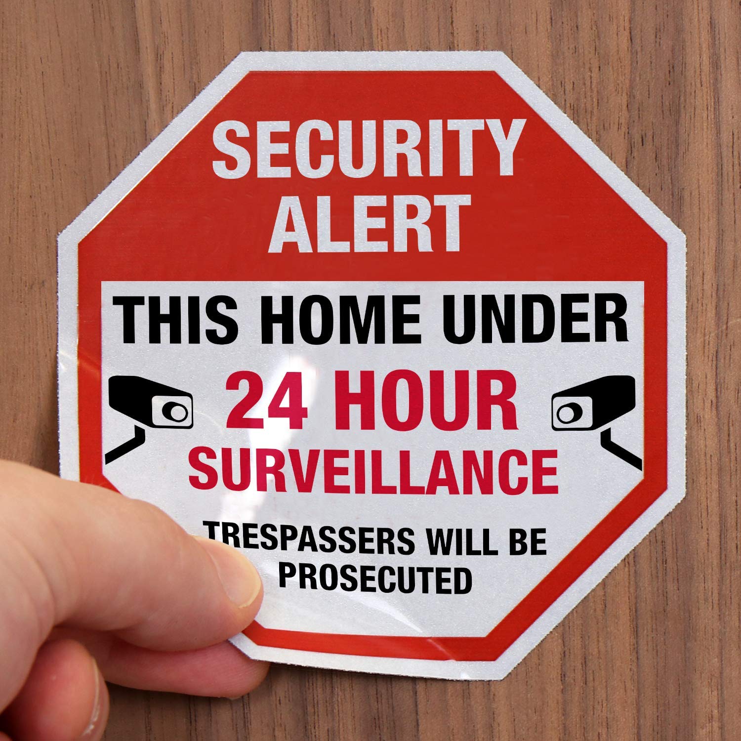 SmartSign 'Security Alert This Home Under 24 Hour Surveillance, Trespassers Prosecuted' EG Reflective Adhesive Labels, Red/Black/White, Set of 3 (2-4 x 4 inch, 1-2.75 x 2.75 inch), USA-Made
