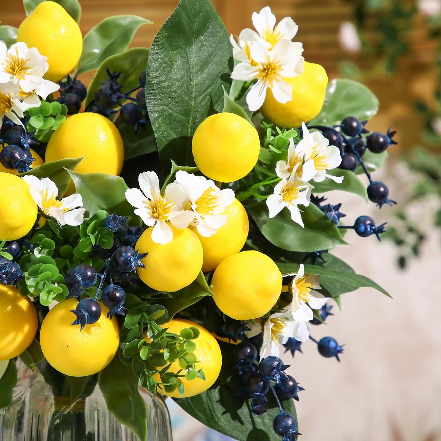Giegxin 20 Pcs 12.9 inch Artificial Lemon Blueberry Branches with Lemon Blueberry and Green Leaves Branches Spring Decoration for Vase Kitchen Centerpiece Garland Table Party Home and Wedding Flower