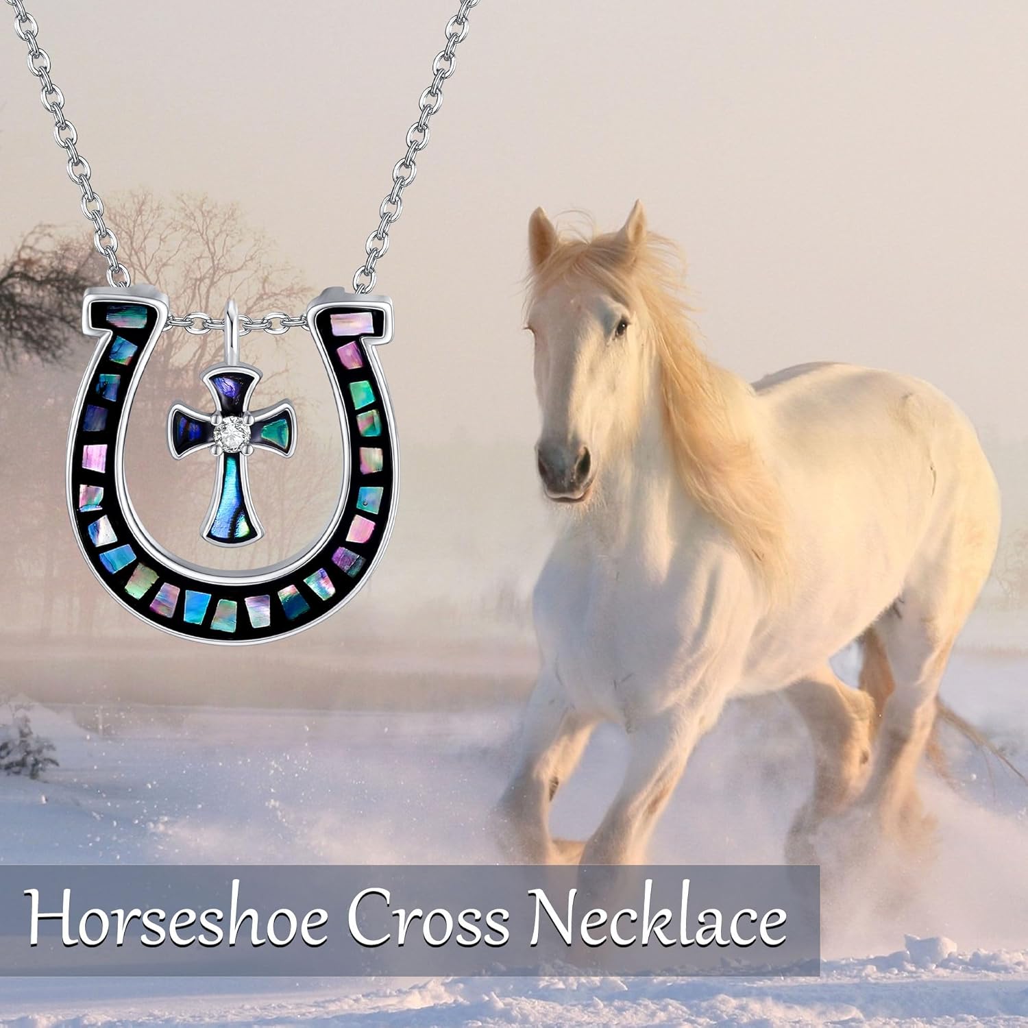 Horseshoe Necklace S925 Sterling Silver Horse Shoe Necklaces Abalone Horseshoe Cross Pendant Necklaces Lucky Horseshoe Horse Jewelry Gifts For Women Female Lover - Image 5